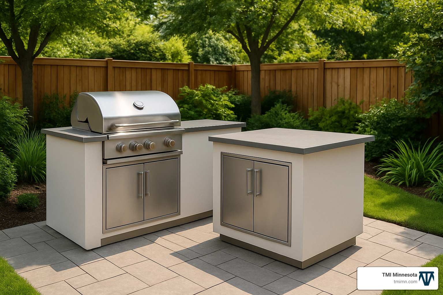 compact outdoor kitchen with grill and prep island - Backyard patio ideas