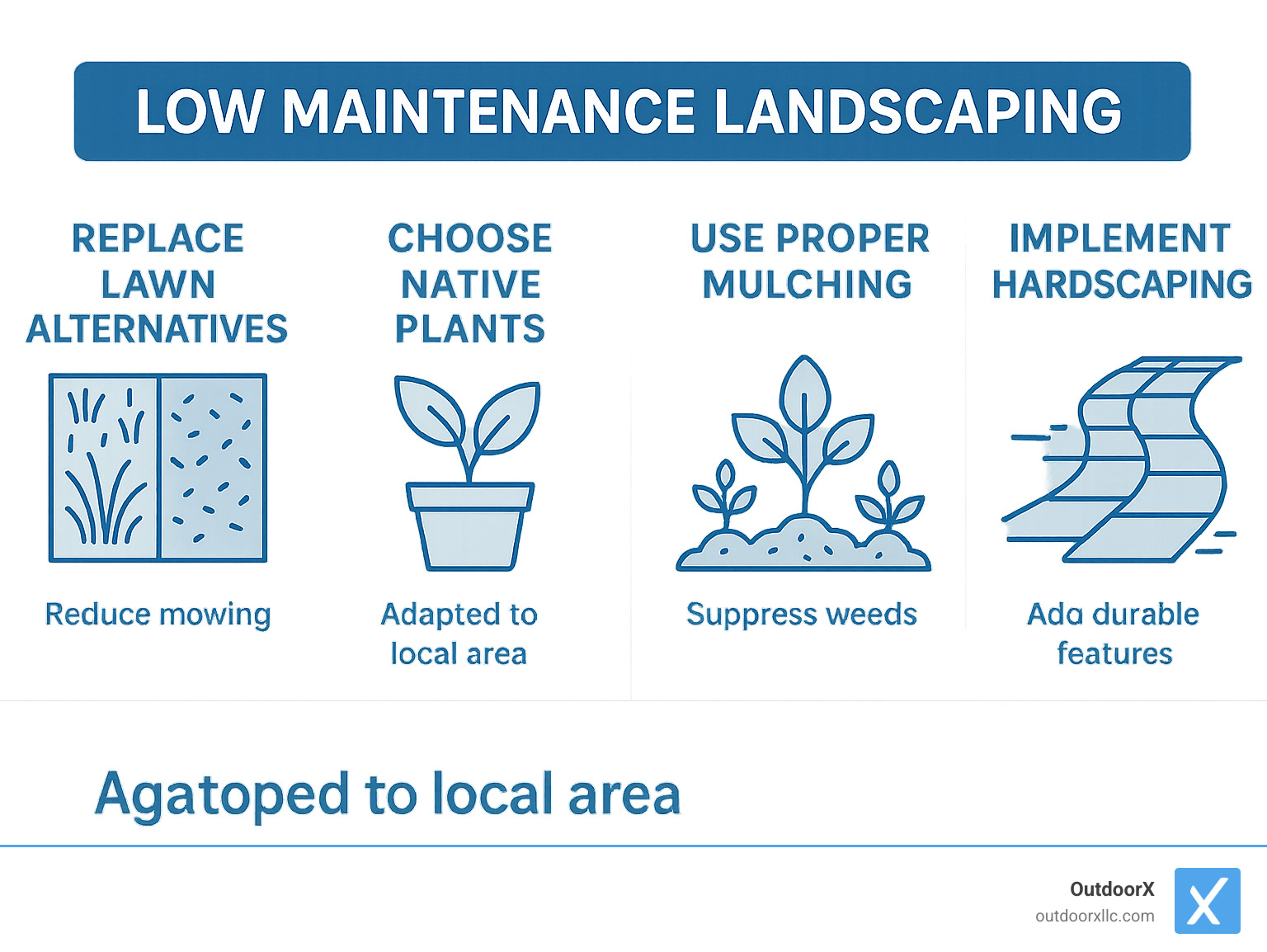 Infographic showing the 5 principles of low maintenance landscaping: replacing traditional lawns with alternatives, choosing native plants, using proper mulching techniques, installing efficient irrigation, and implementing hardscaping elements like patios and pathways. Each principle is illustrated with a simple icon and brief description of benefits. - low maintenance landscaping infographic 