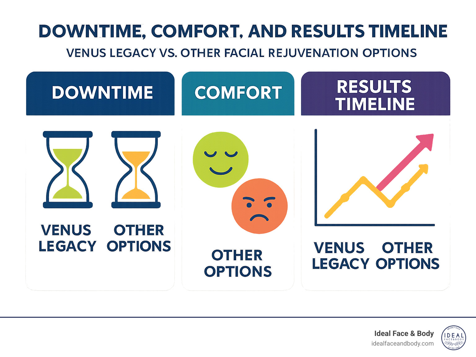 Infographic comparing downtime, comfort, and results timeline between Venus Legacy and other facial rejuvenation options - venus legacy facial treatment infographic 