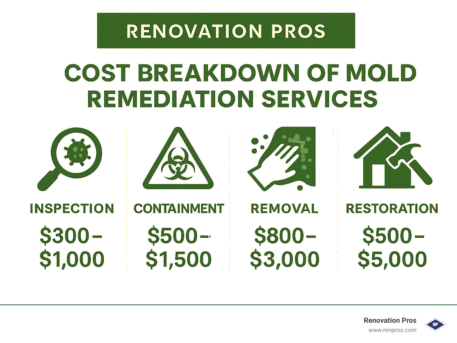 Cost breakdown of mold remediation services showing inspection, containment, removal, and restoration expenses - mold cleaning services near me infographic 