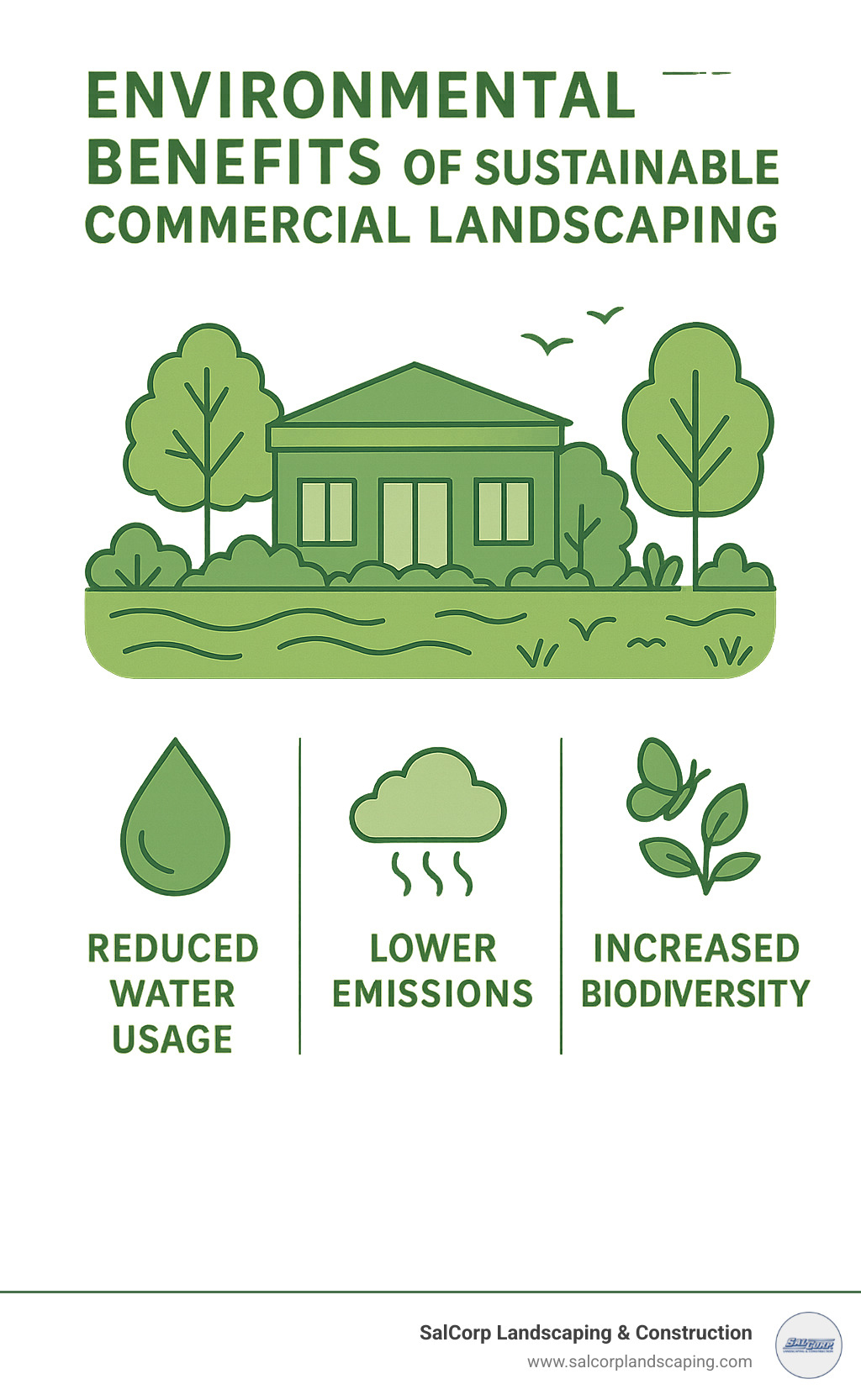 Environmental benefits of sustainable commercial landscaping showing reduced water usage, lower emissions, and increased biodiversity - commercial lawn care infographic 