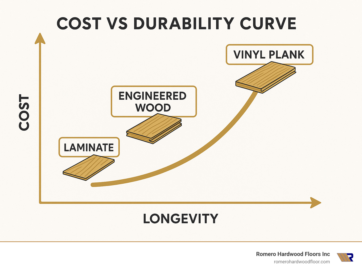 Cost vs durability curve showing the relationship between price and longevity for different types of floating flooring - cheap floating flooring infographic 