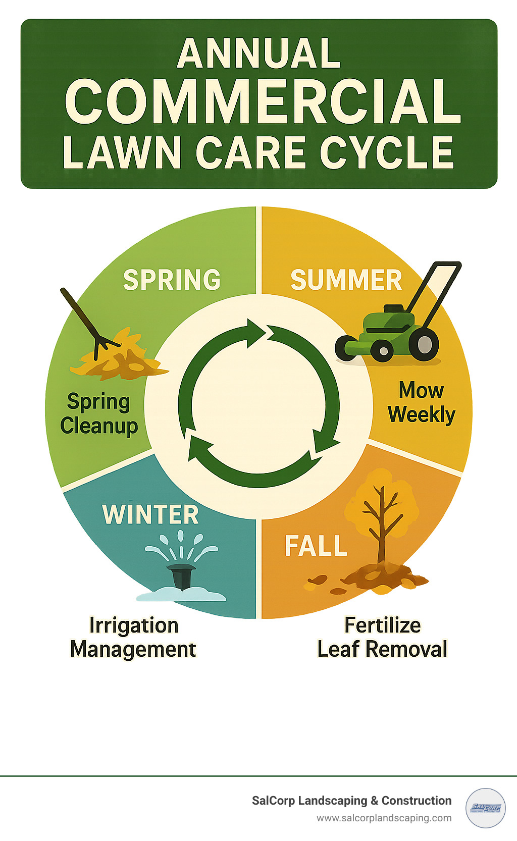 Annual commercial lawn care cycle showing seasonal maintenance tasks from spring cleanup through winter preparation, including mowing frequency, fertilization schedule, and irrigation management - commercial lawn care infographic 