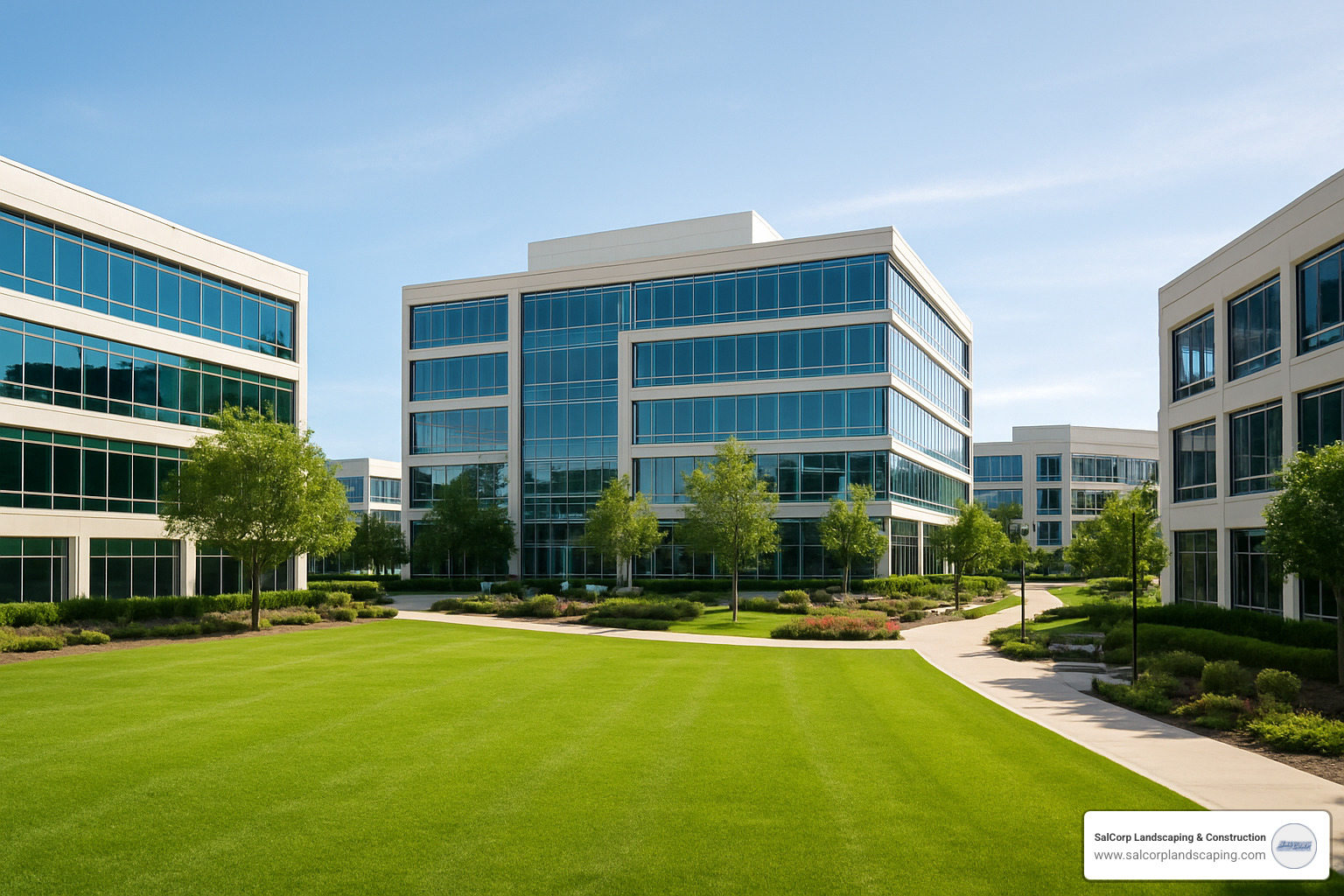 thriving commercial office park with manicured lawn - commercial lawn care