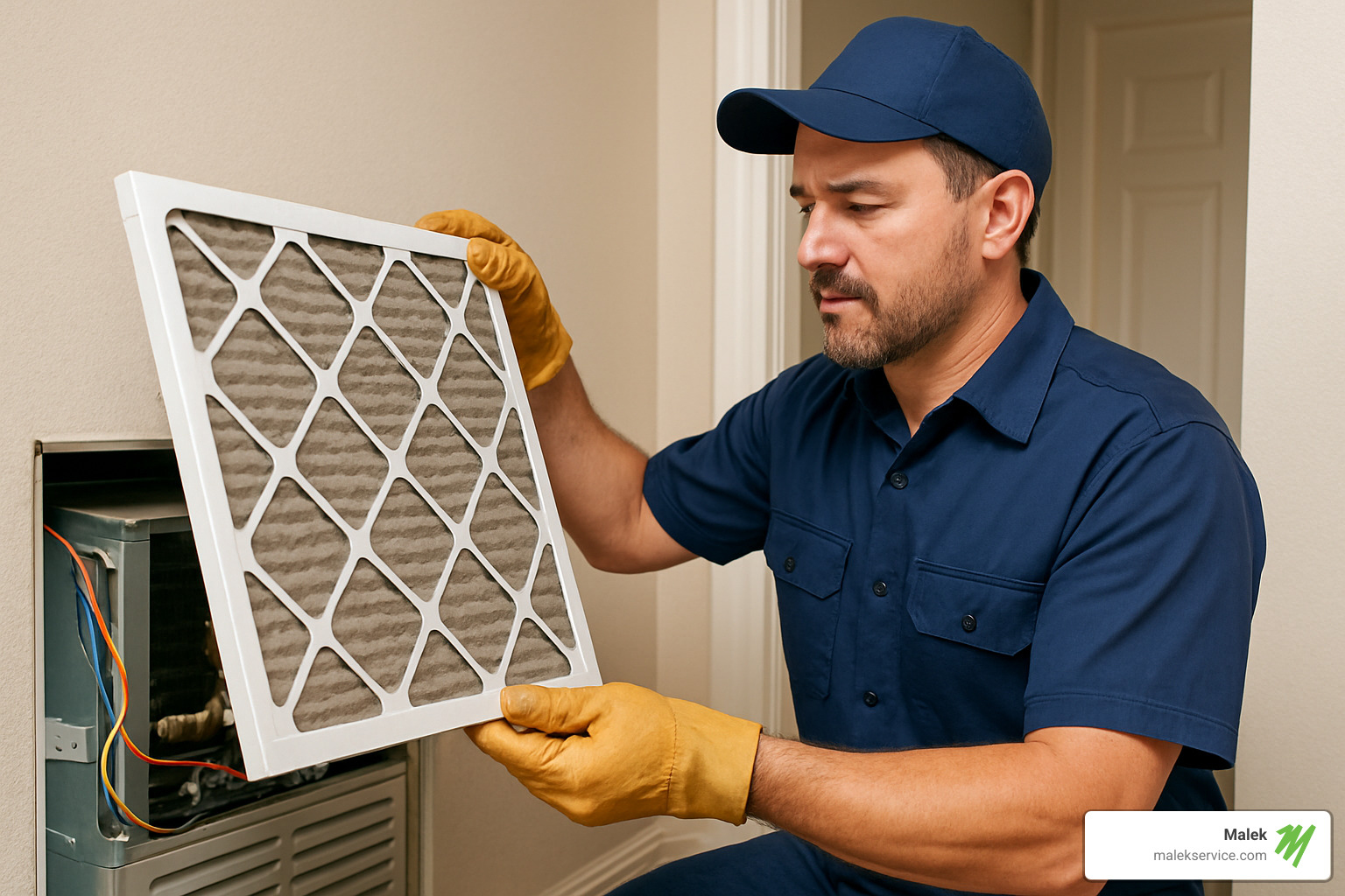 HVAC technician examining dirty air filter - ac can t keep up with heat