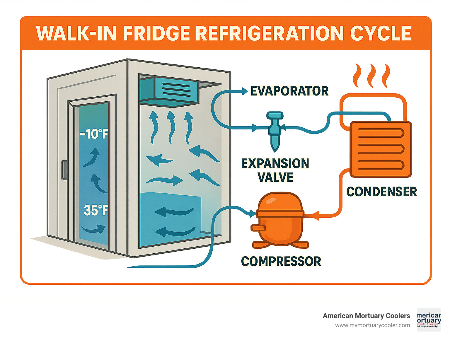 Walk-in fridge refrigeration cycle diagram showing evaporator, condenser, compressor and expansion valve components with temperature zones and airflow patterns - walk in fridge infographic 