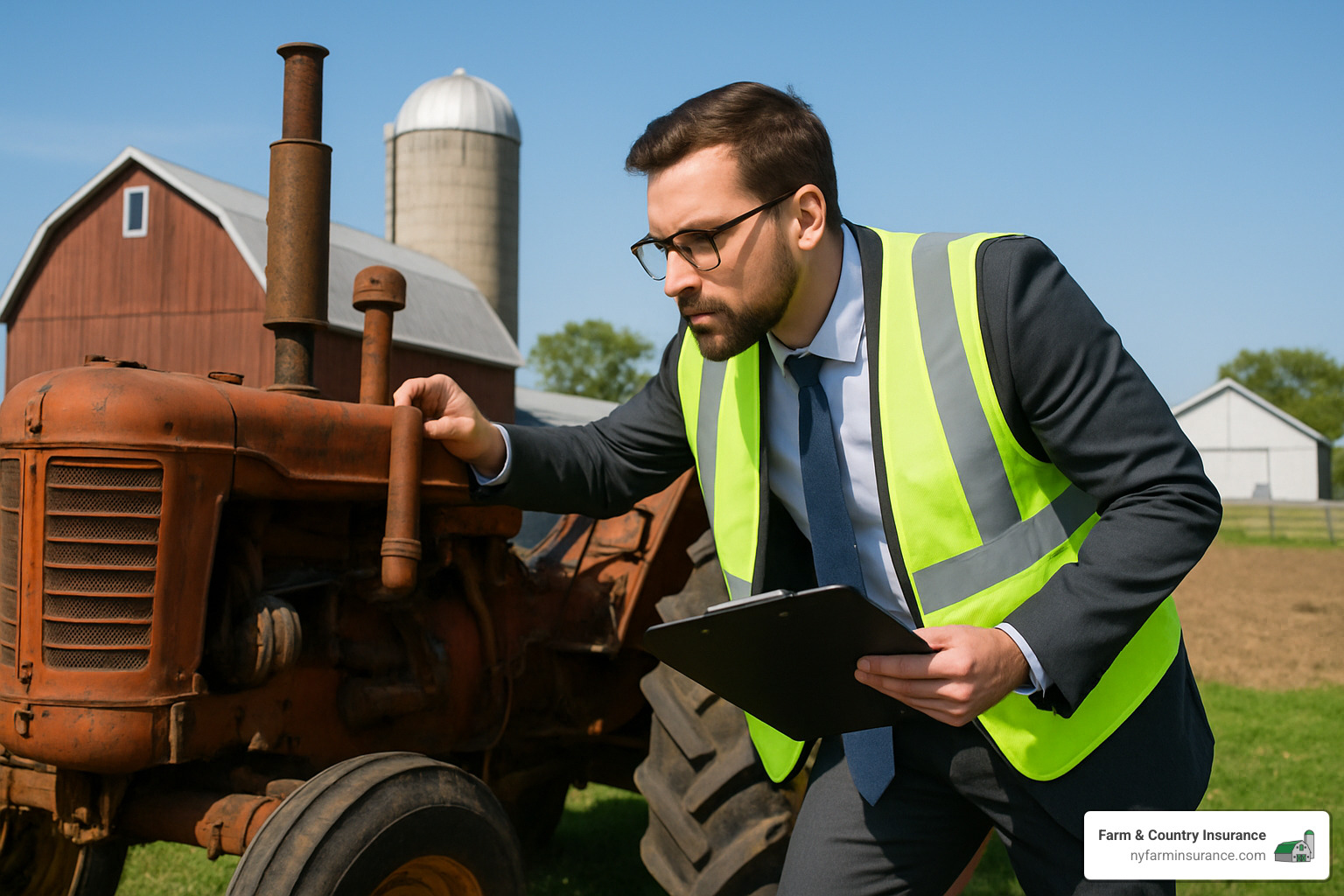 8b7742f0cf2049316a9957b7054b02e29bf38818 Carrier Compass: Navigating the World of Farm Insurance Carriers Explore top farm insurance carriers, compare coverage options, and find the best policy for your farm’s needs today. New York farm with insurance inspector examining equipment - farm insurance carriers