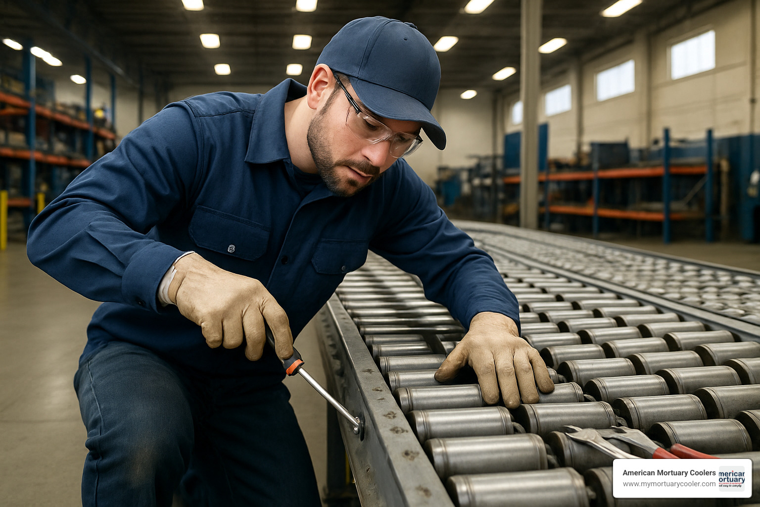 technician servicing industrial roller deck system - roller decks