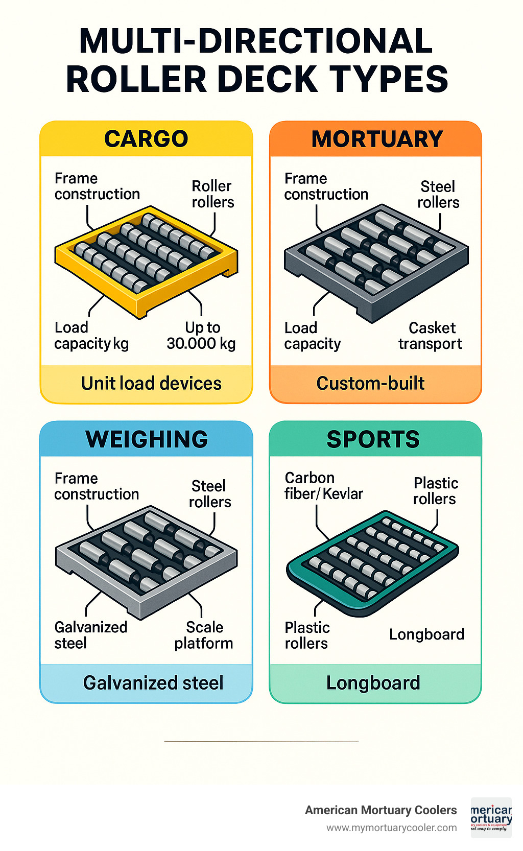 Multi-directional roller deck types showing cargo, mortuary, weighing, and sports variations with labeled components including frame construction, roller types, load capacities, and industry-specific applications - roller decks infographic 