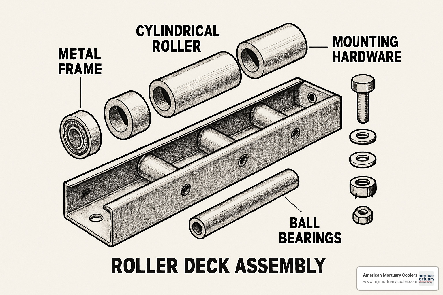 exploded view of roller deck assembly showing frame, rollers, bearings and mounting hardware - roller decks