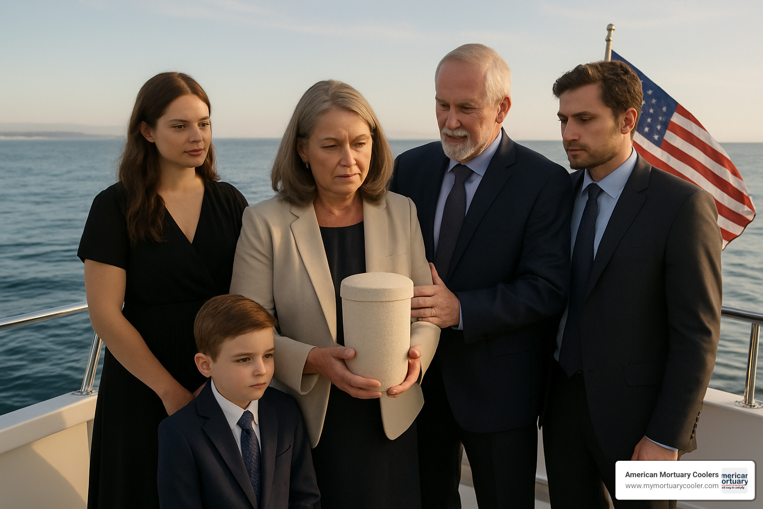Family gathered on boat deck for sea scattering ceremony - biodegradable urns for scattering ashes at sea