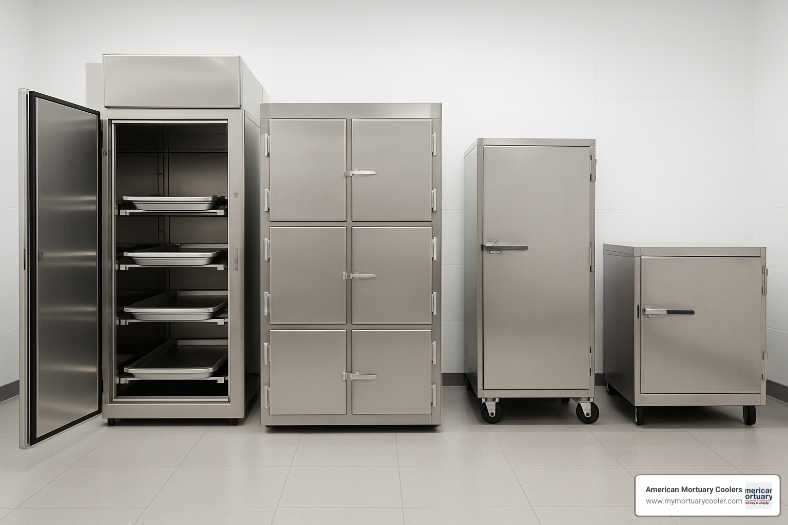 Different types of morgue refrigeration units including walk-in, cabinet, portable and bariatric models - morgue refrigeration units
