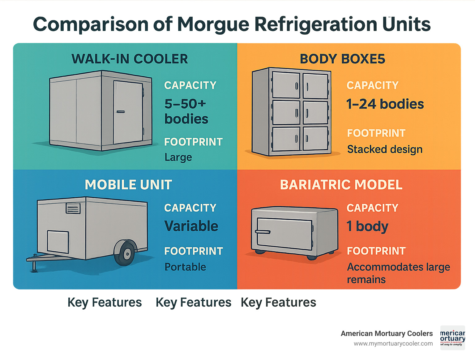 Comparison of morgue refrigeration unit types showing walk-in coolers, body boxes, mobile units and bariatric models with their capacity ranges, footprint requirements, and key features - morgue refrigeration units infographic 