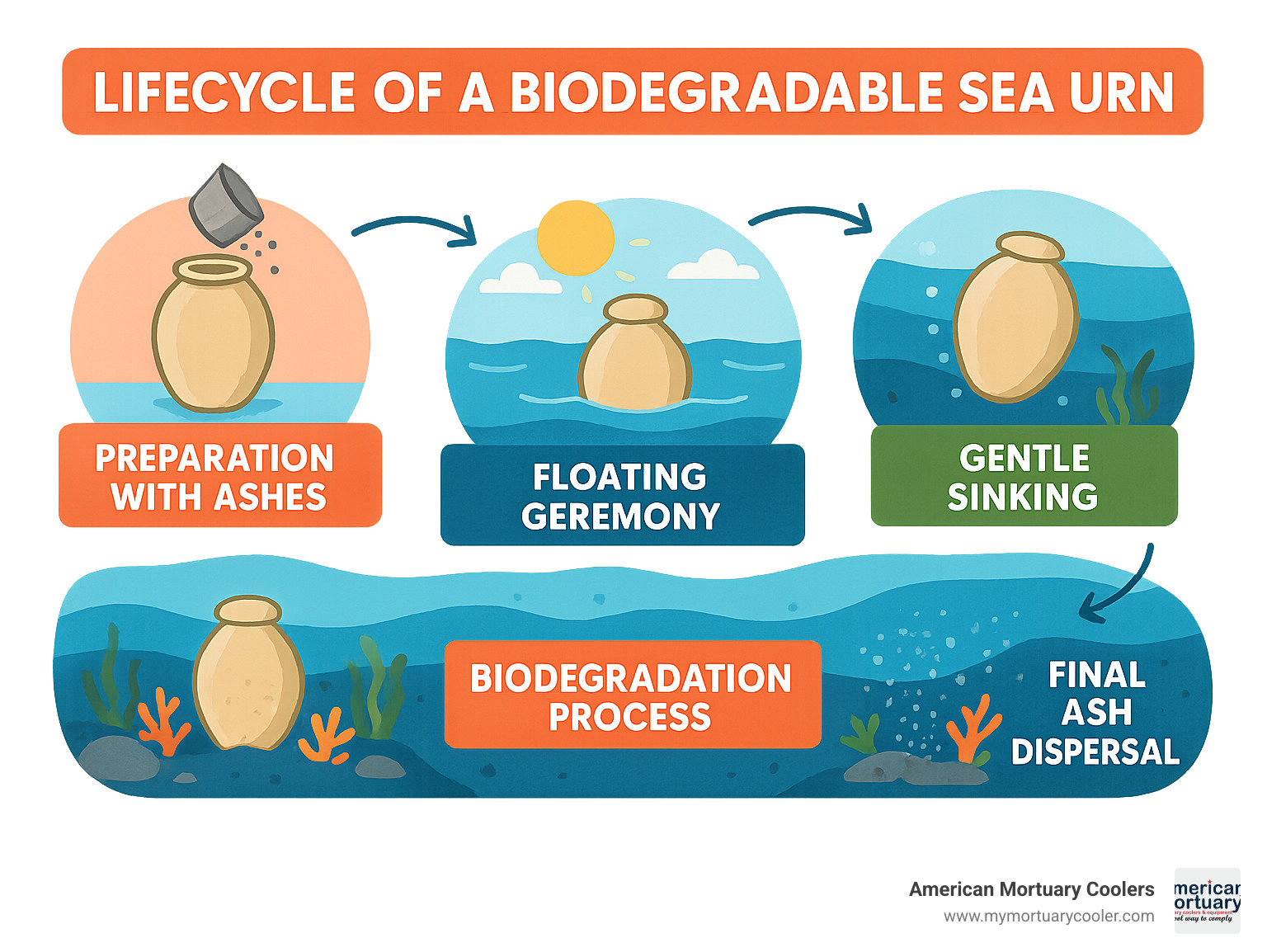Lifecycle of a biodegradable sea urn showing the stages: preparation with ashes, floating ceremony, gentle sinking, biodegradation process, and final ash dispersal on the ocean floor - biodegradable urns for scattering ashes at sea infographic 