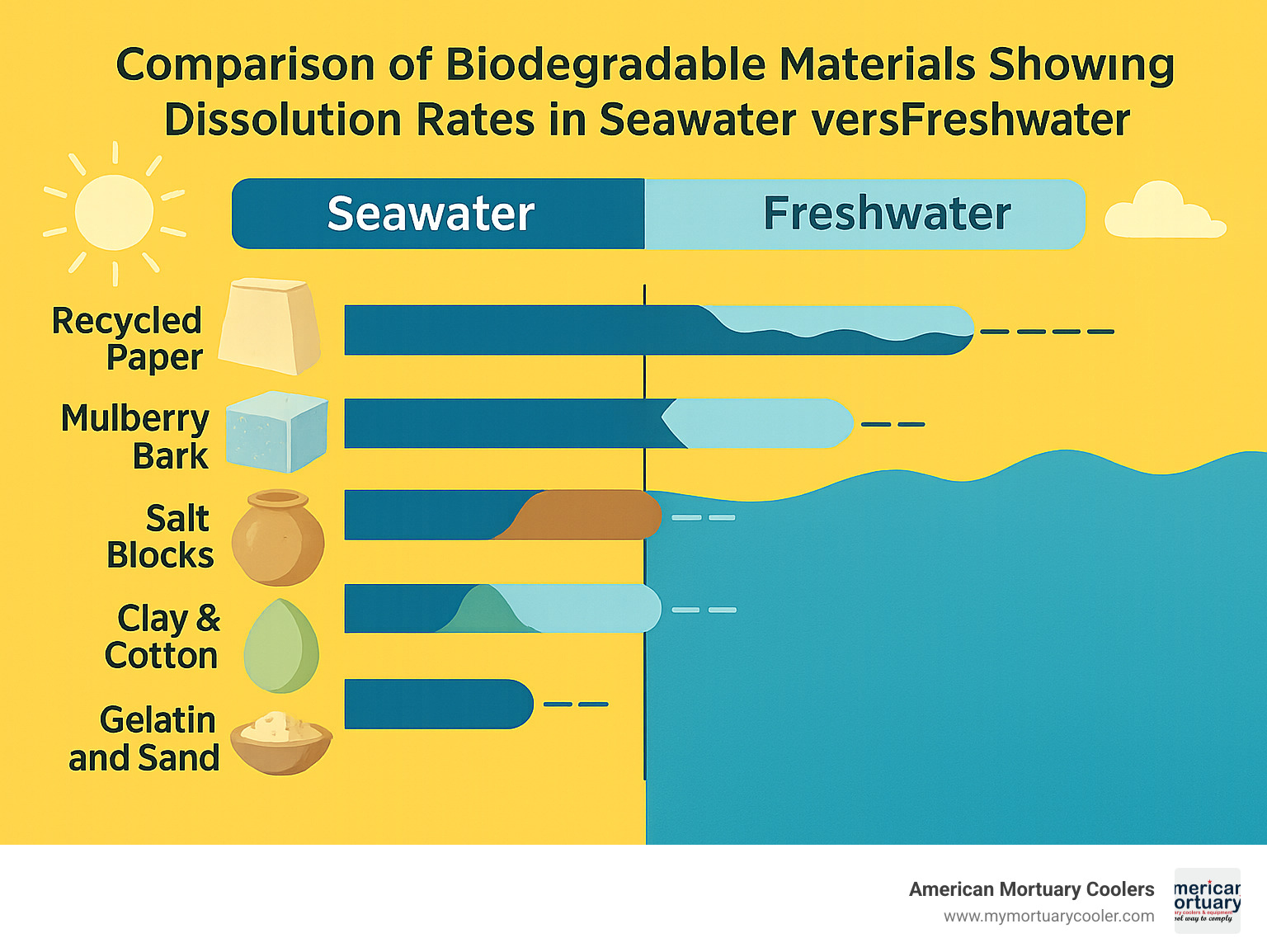 Comparison of biodegradable materials showing dissolution rates in seawater versus freshwater - biodegradable urns for scattering ashes at sea infographic 