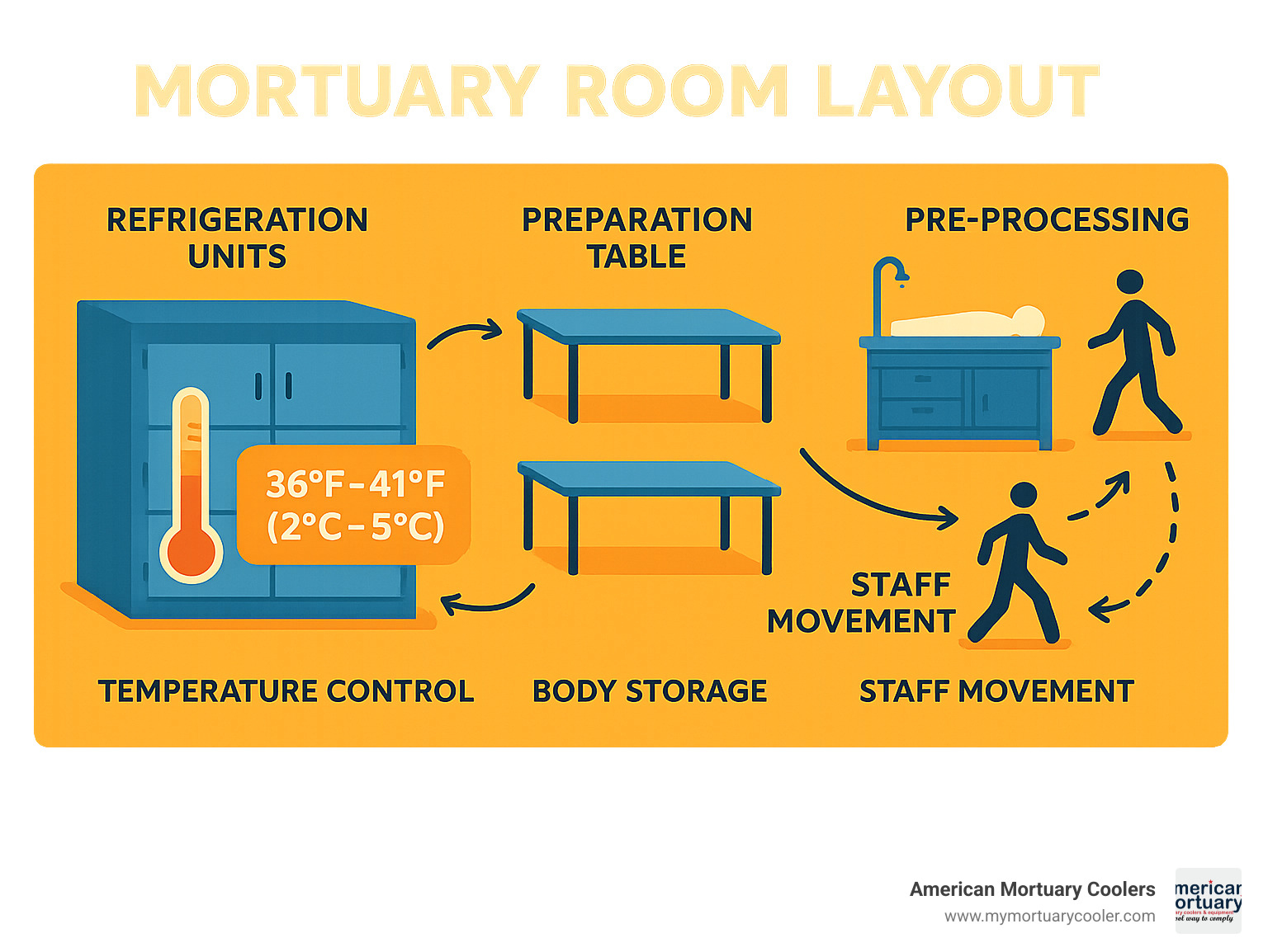 Diagram showing mortuary room layout with refrigeration units, preparation tables, and workflow patterns, including temperature control systems, body storage options, and staff movement patterns - mortuary room infographic 