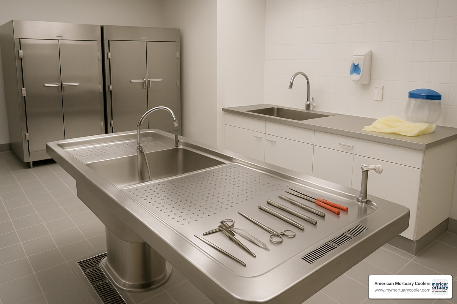 Mortuary preparation table with embalming equipment - mortuary room
