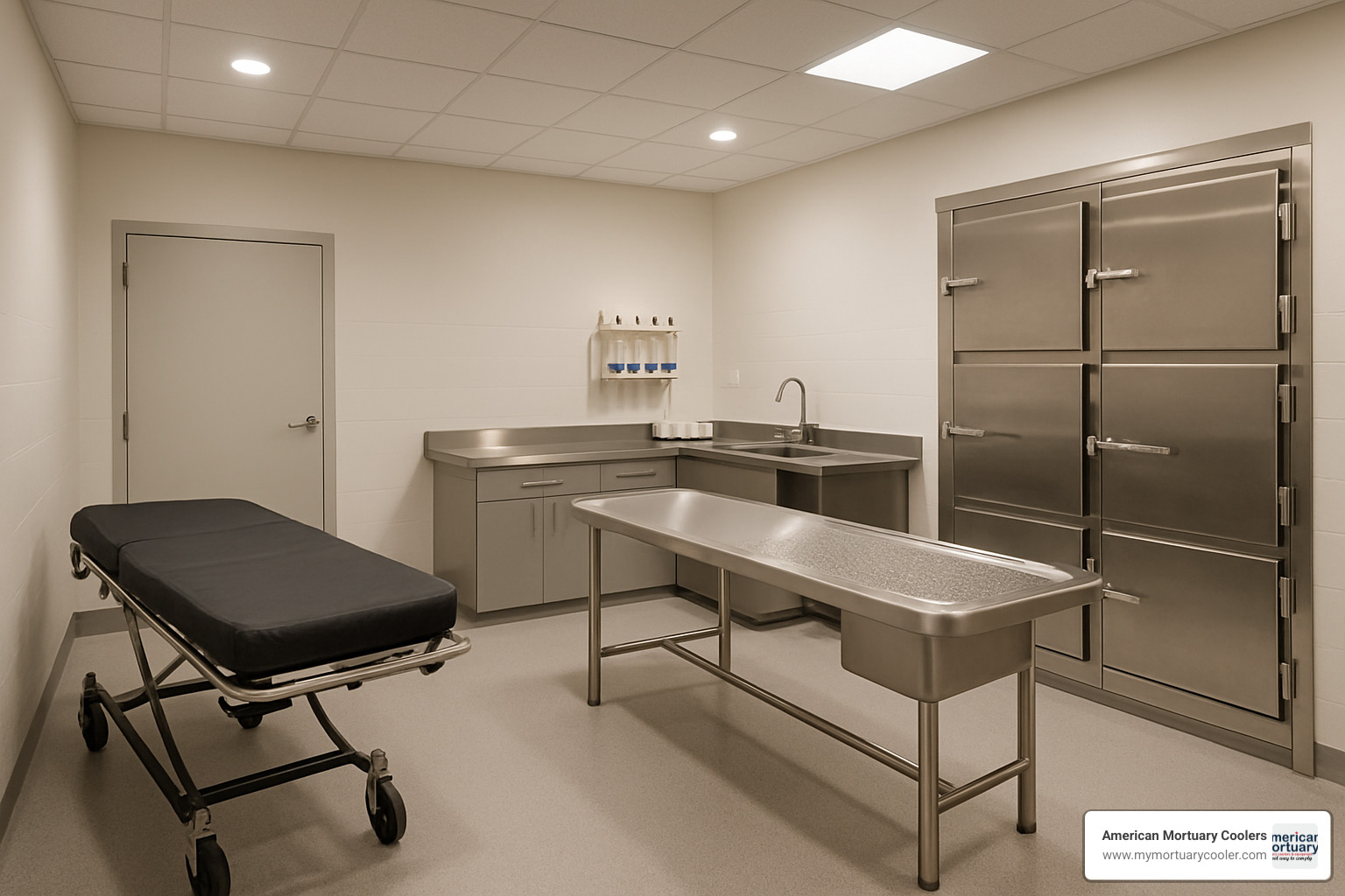 Mortuary room workflow showing receiving, preparation and storage areas - mortuary room
