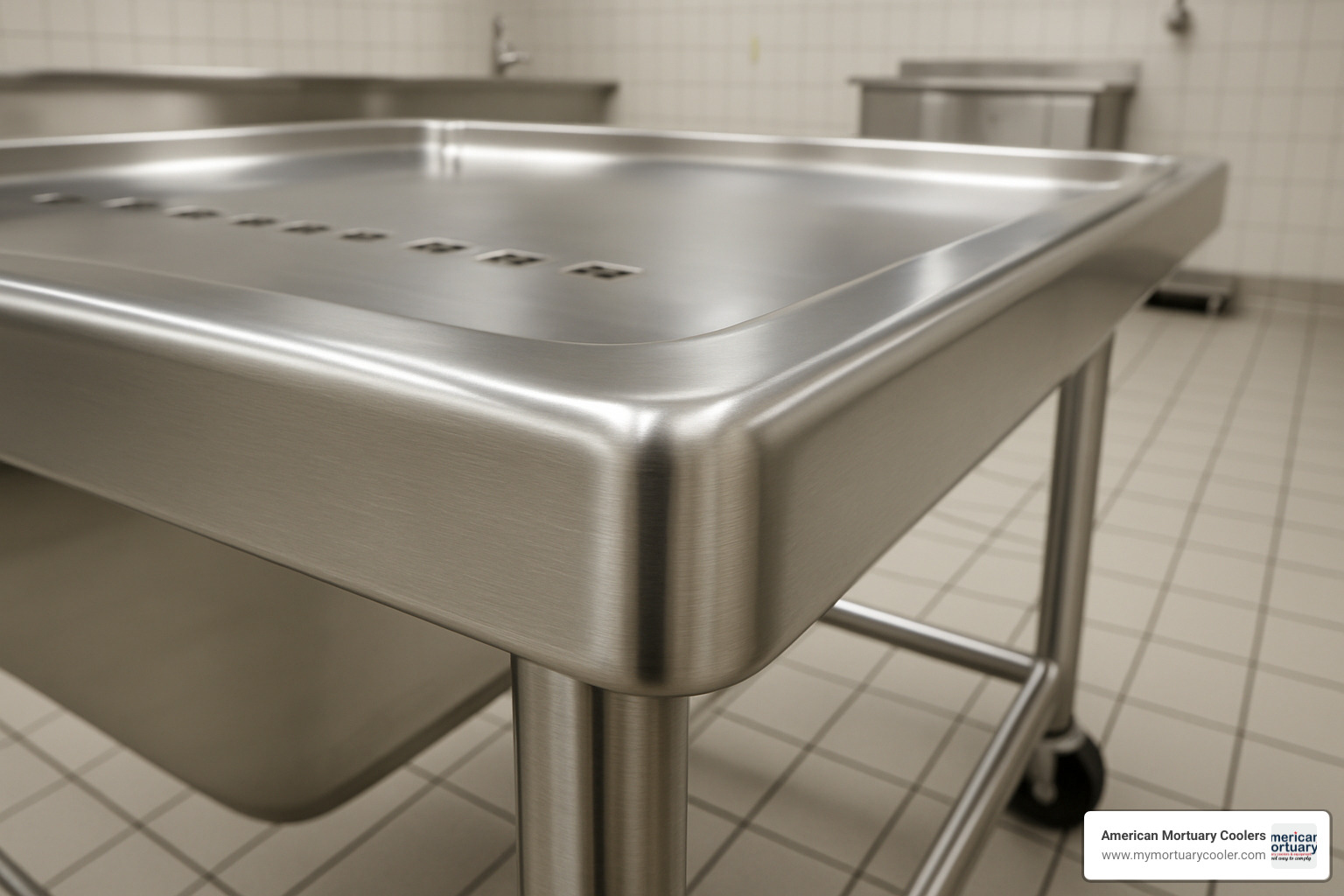 close up of stainless steel welding on embalming table - embalming table
