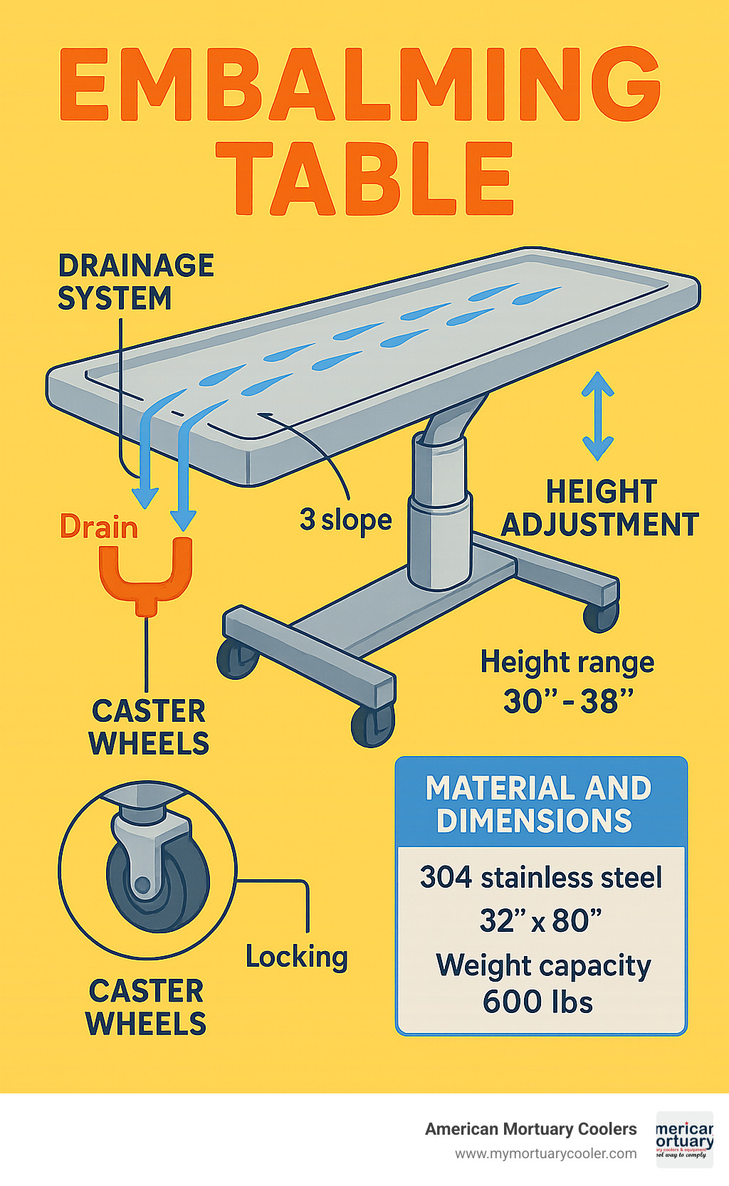 Detailed diagram showing embalming table components including drainage system, height adjustment mechanisms, caster wheels, and material construction with standard dimensions and weight capacities - embalming table infographic 
