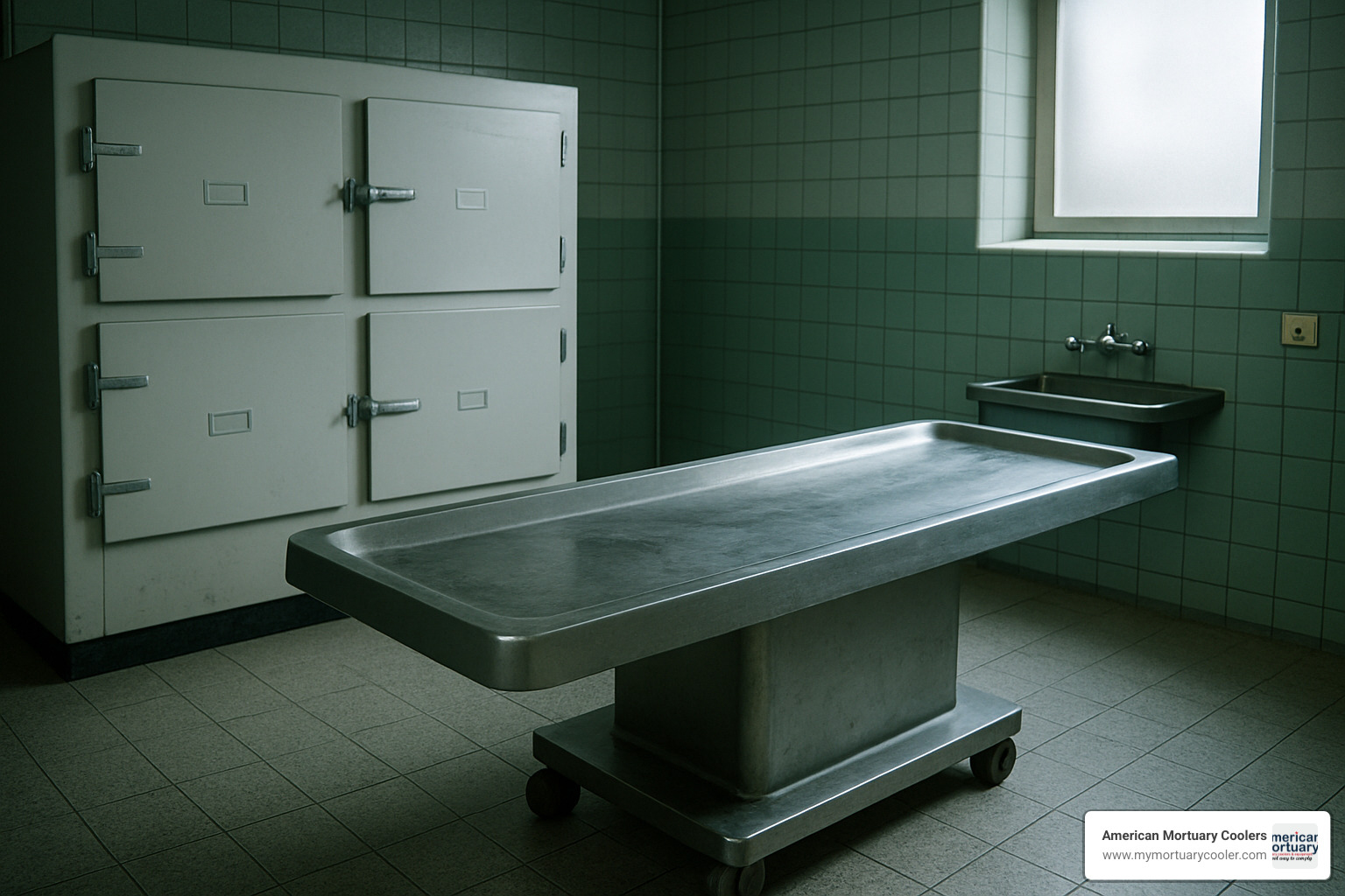 Mortuary room with safety signage and PPE stations - mortuary room