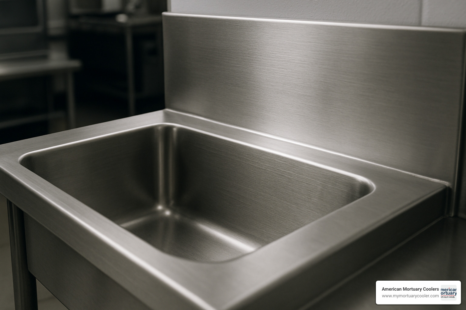 close-up of stainless steel sink bowl and backsplash - prep table with sink