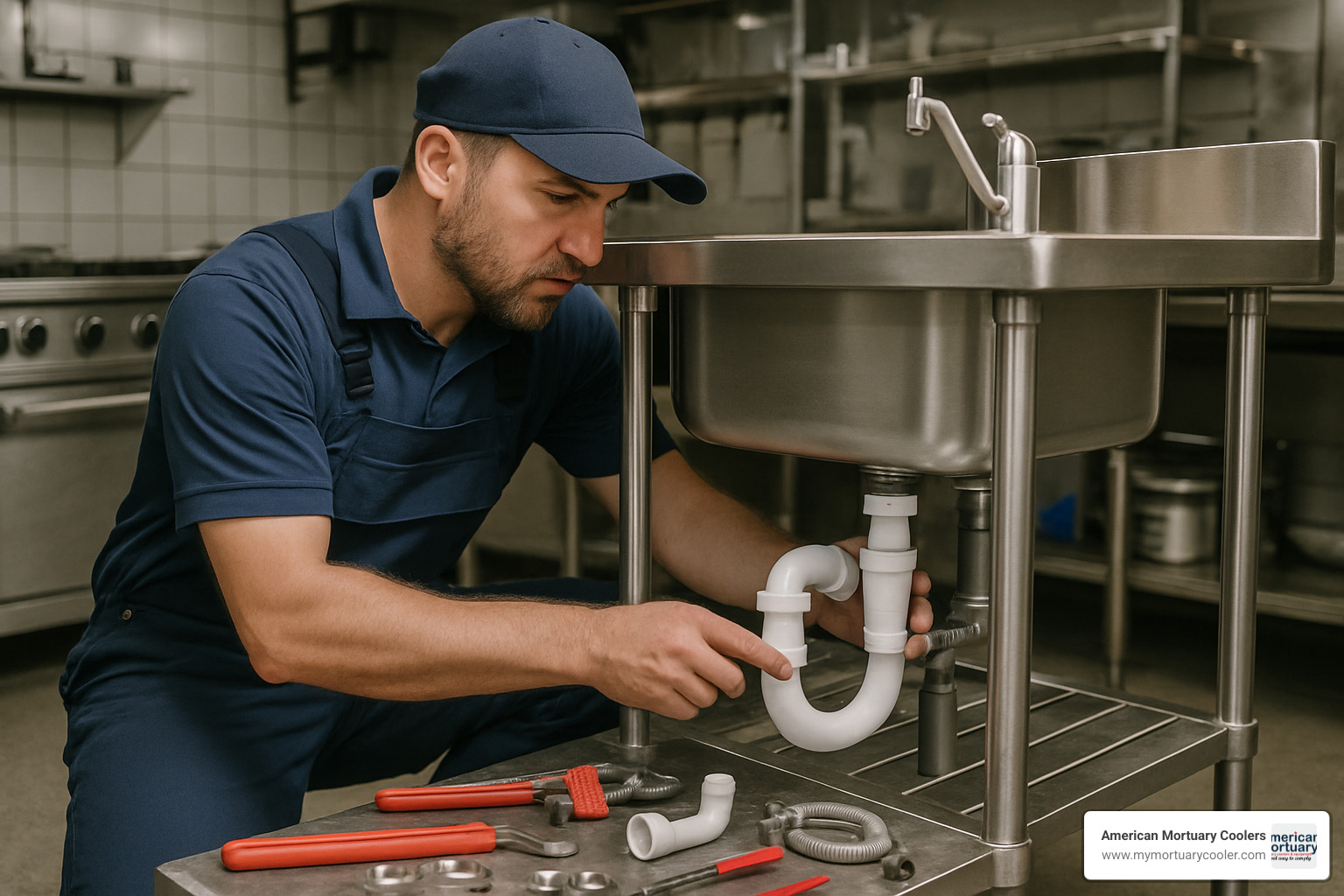 plumber installing sink in prep table - prep table with sink
