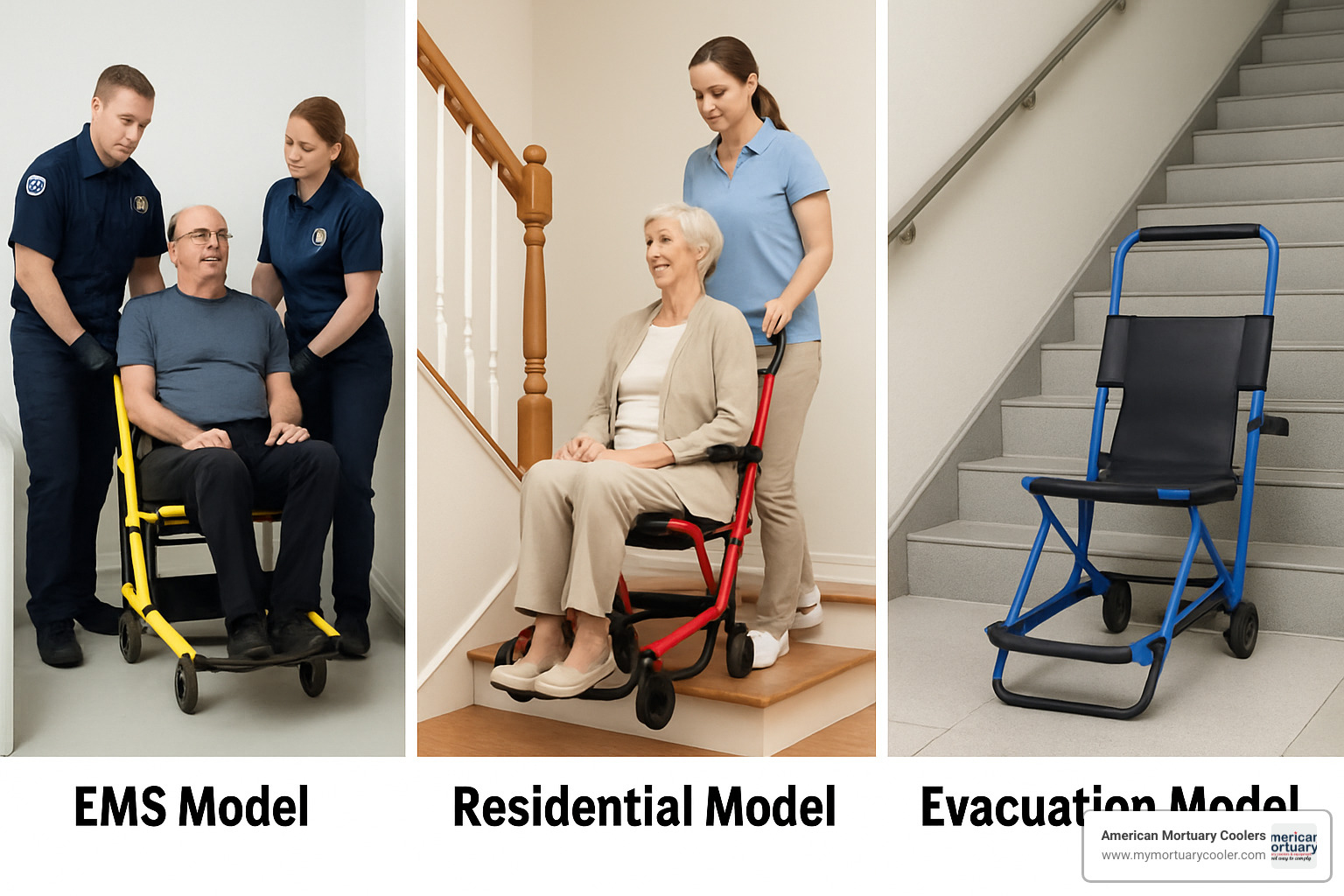 Three types of power stair chairs showing EMS, residential and evacuation models - power stair chair