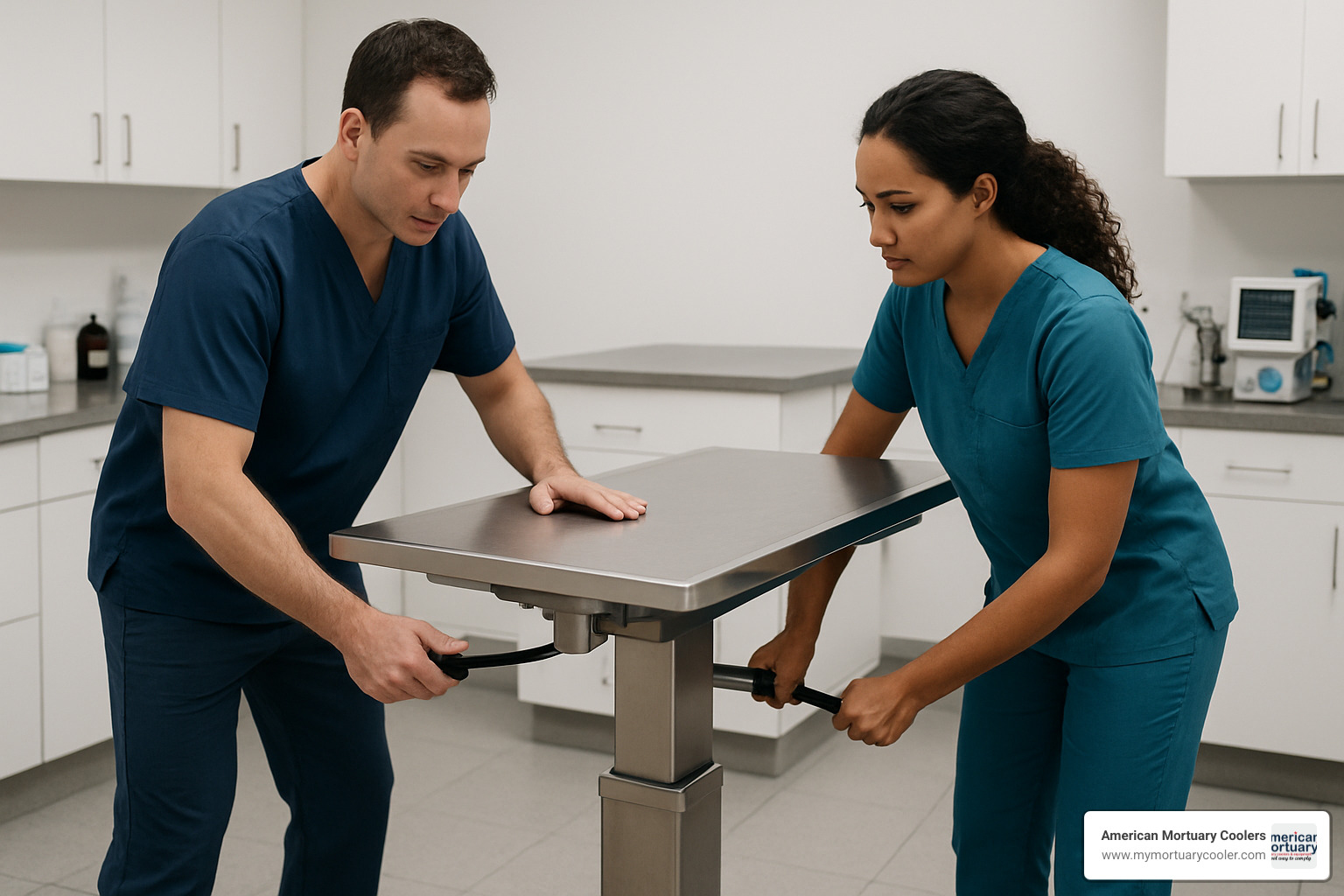 Veterinary staff adjusting the height of an exam table to reduce strain - vet exam table