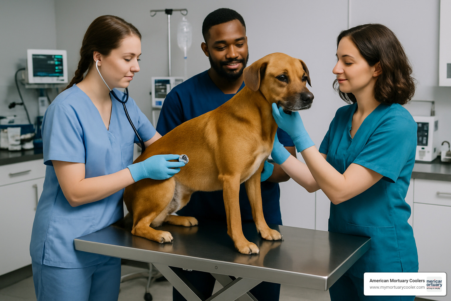 Veterinary staff performing examination on a modern electric lift table - vet exam table