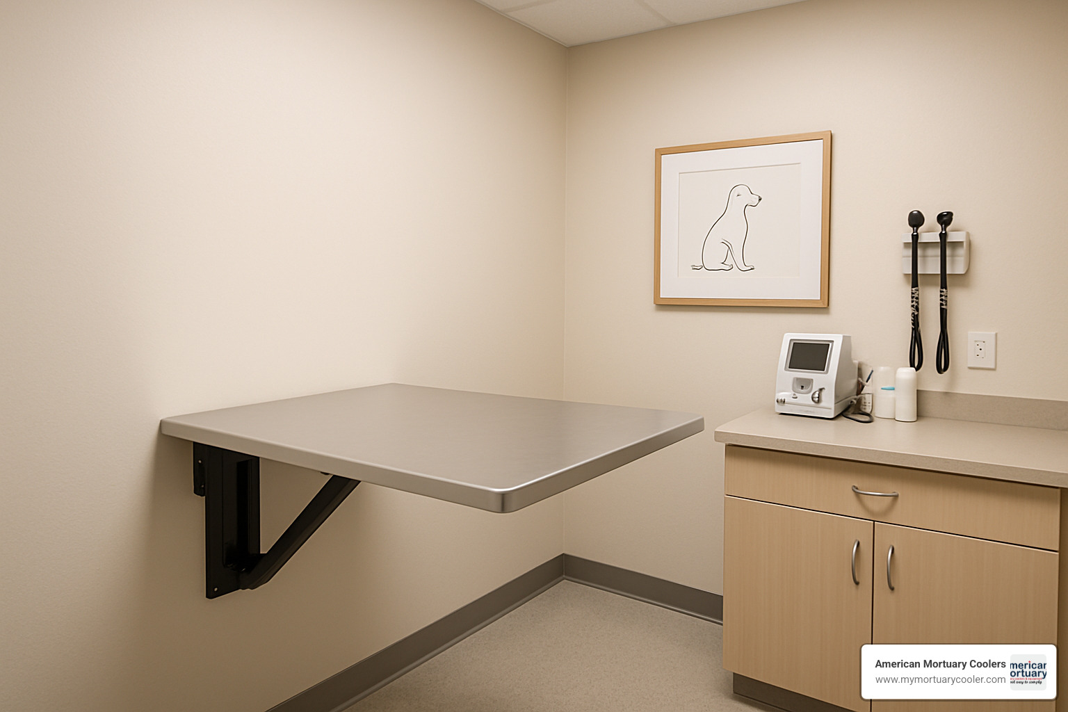 Folding wall-mounted exam table in a small veterinary exam room - vet exam table