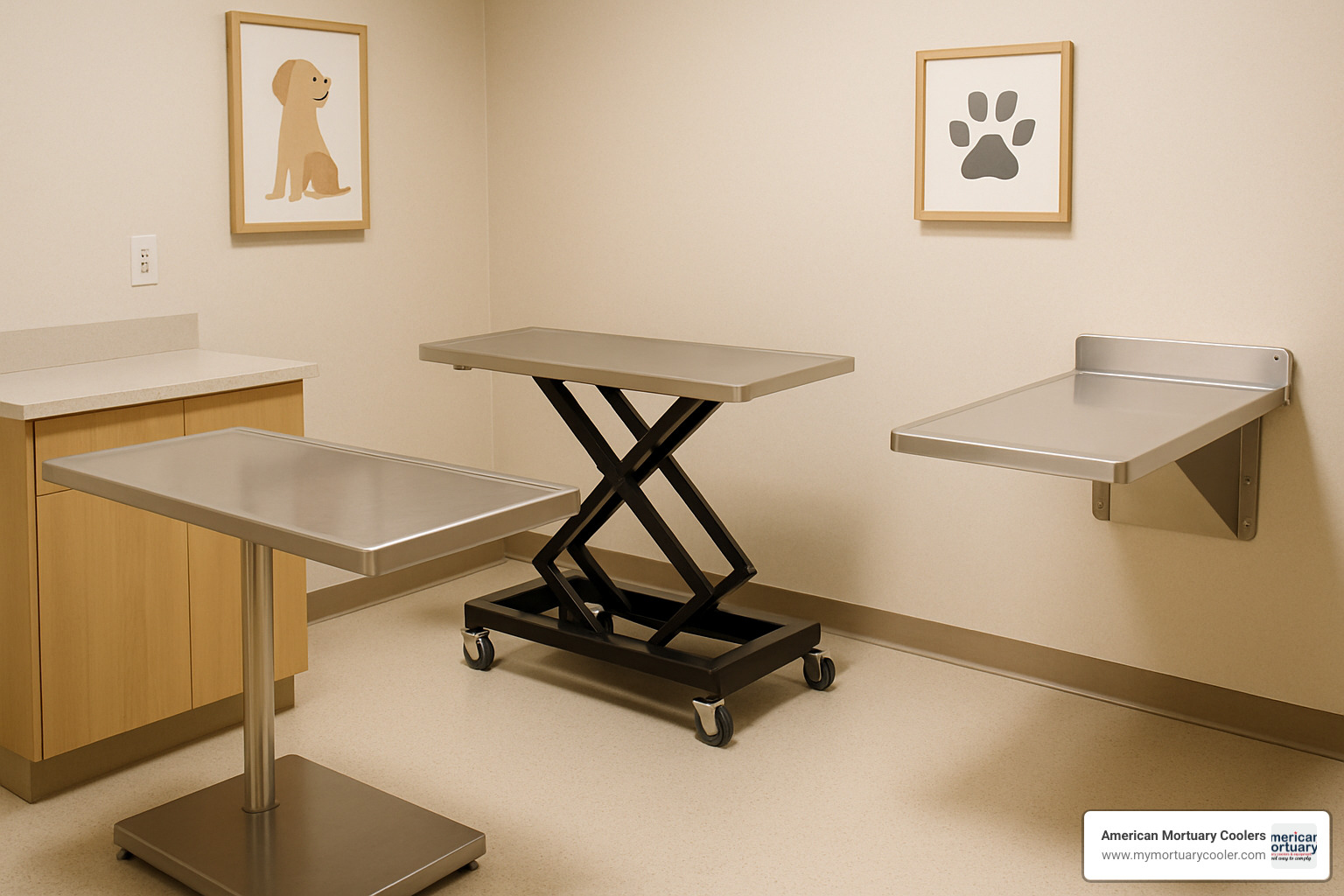 Various types of veterinary exam tables including stationary, lift, and wall-mounted models - vet exam table