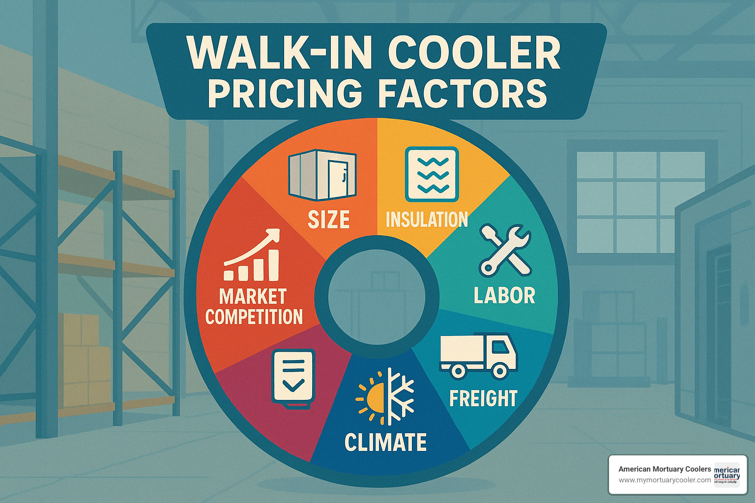 Pricing factor wheel showing elements that affect walk-in cooler costs - walk in cooler pricing