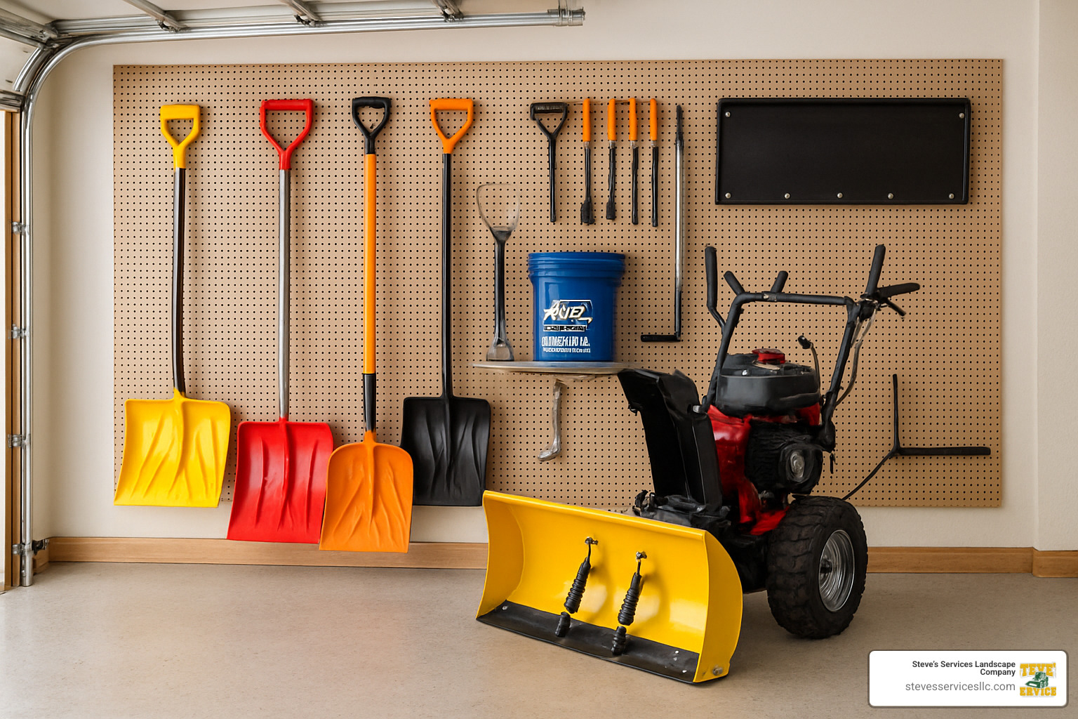 Organized tool wall with snow removal equipment properly stored for the off-season - best snow removal equipment