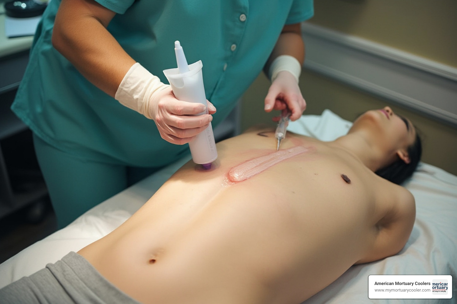 Mortuary technician sealing incision with skin sealant - skin sealz