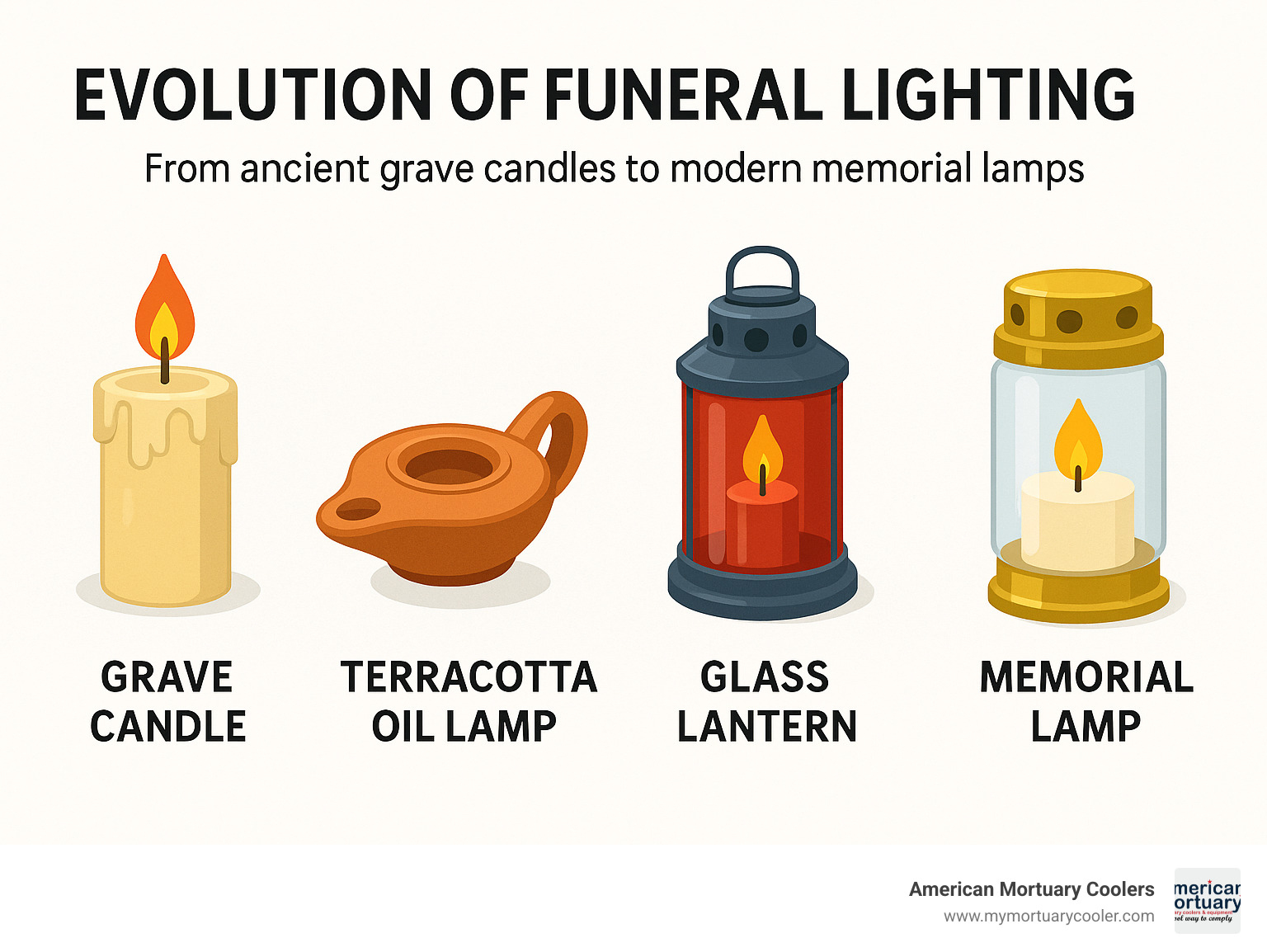 Evolution of funeral lighting from ancient grave candles to modern memorial lamps, showing different types, materials, and cultural significance across traditions - funeral lamp infographic 