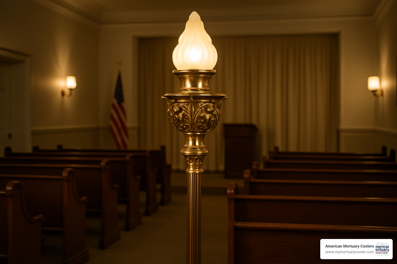 Neat Versailles torchiere lamp in funeral chapel setting - funeral lamp