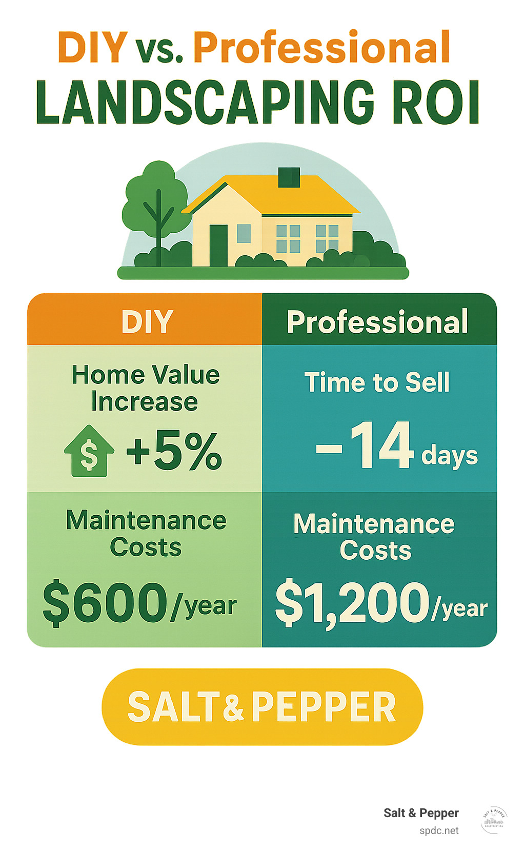 Infographic comparing DIY vs professional landscaping ROI with statistics on home value increase, time to sell, and maintenance costs - landscaping tampa infographic