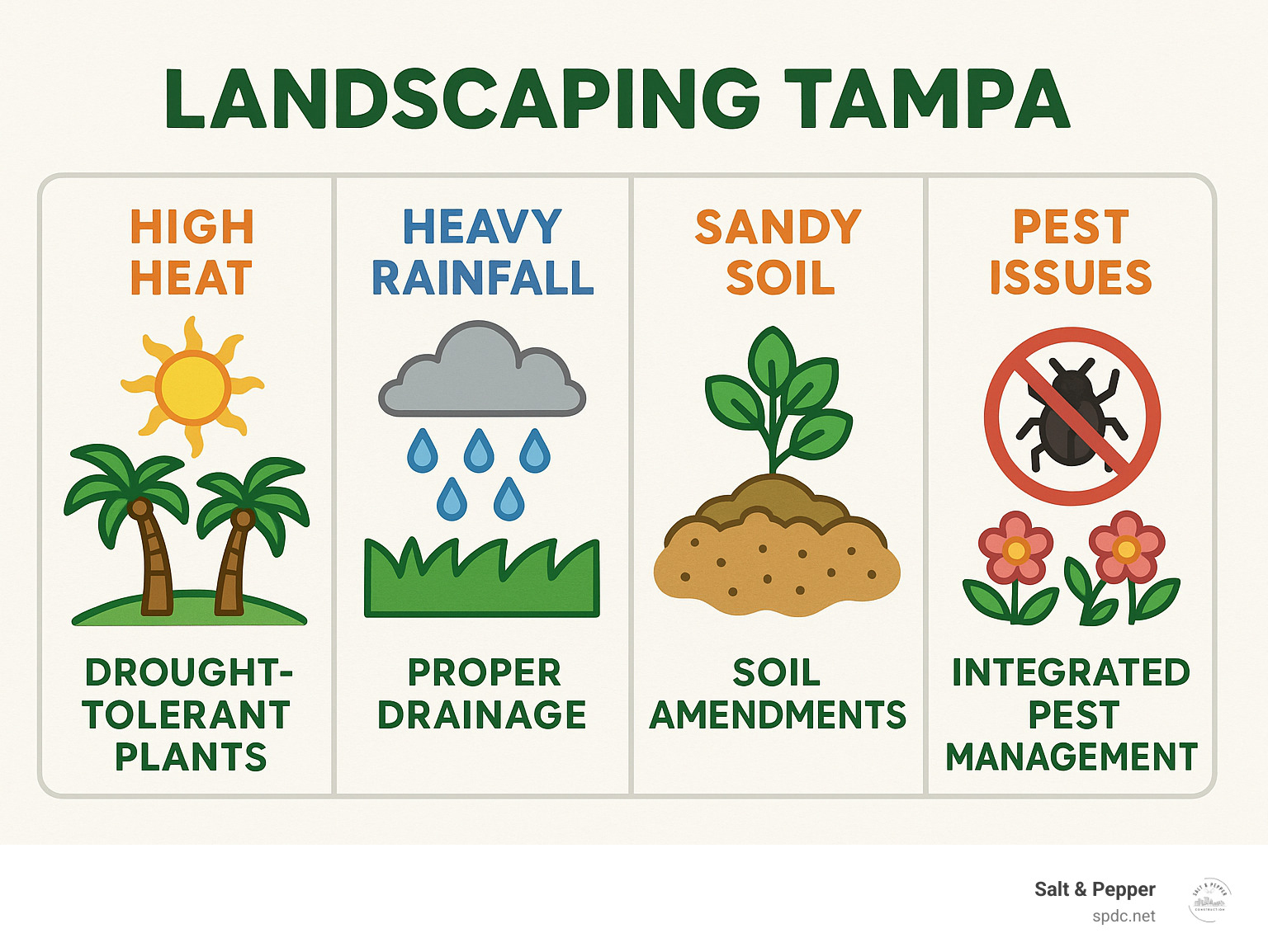 Infographic showing Tampa's unique landscaping challenges including high heat, heavy rainfall, sandy soil, and pest issues, with corresponding solutions for each challenge - landscaping tampa infographic