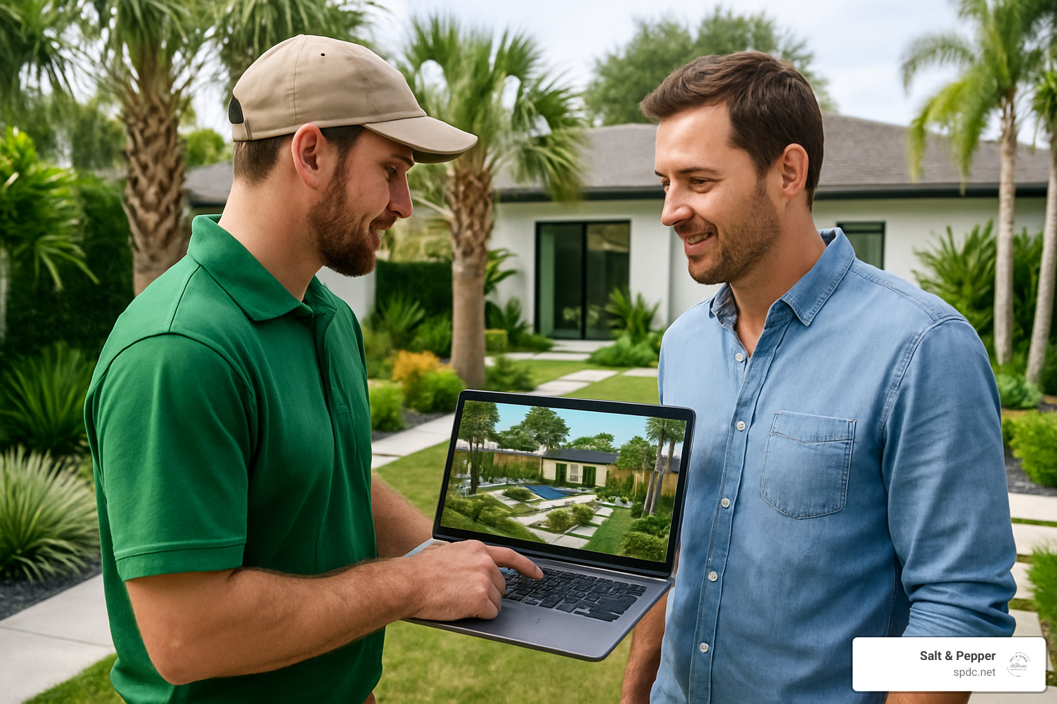 landscape designer and homeowner reviewing 3D landscape model - landscaping tampa