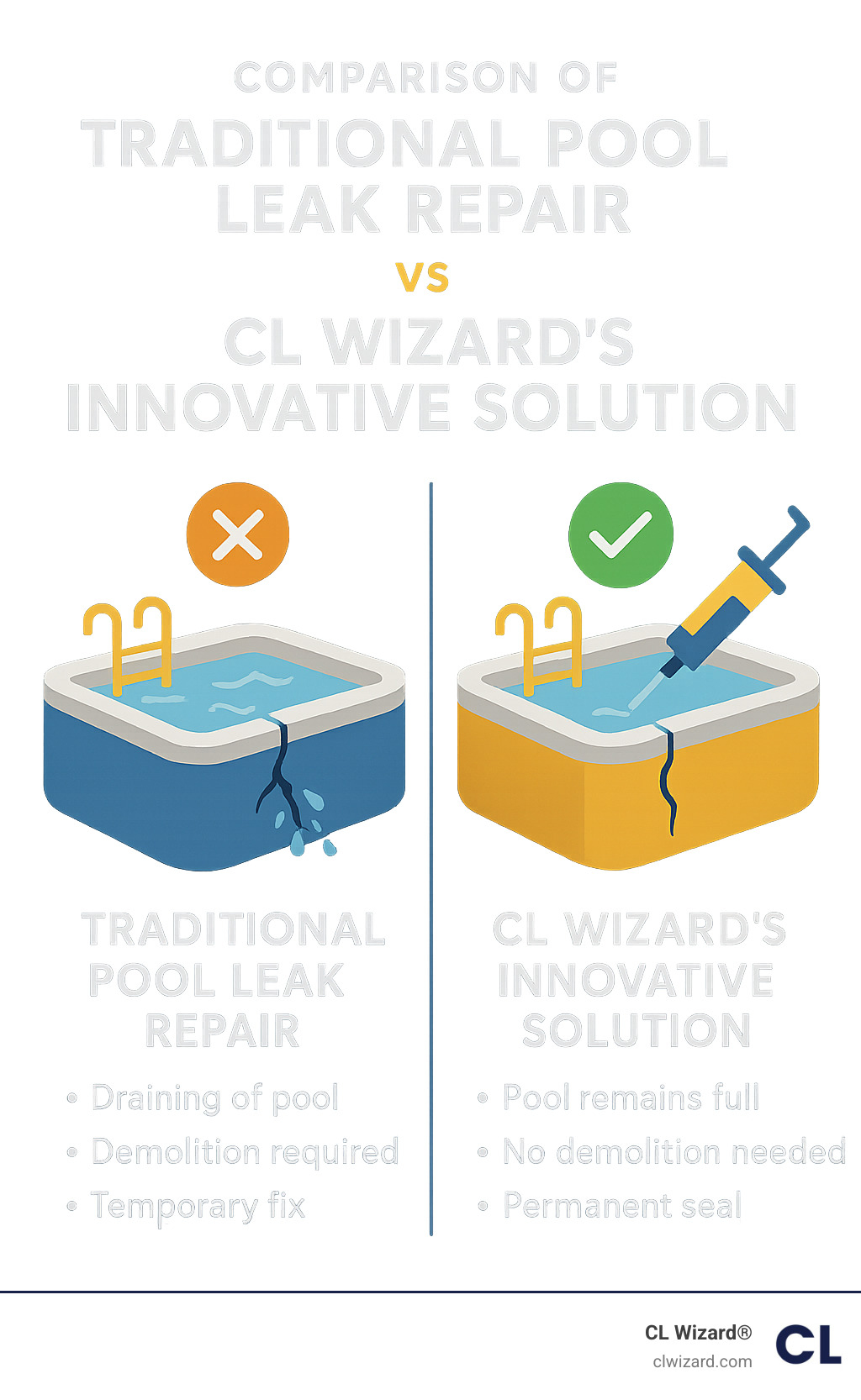 Comparison of traditional pool leak repair vs CL Wizard's innovative solution - water leak detector for pools infographic 