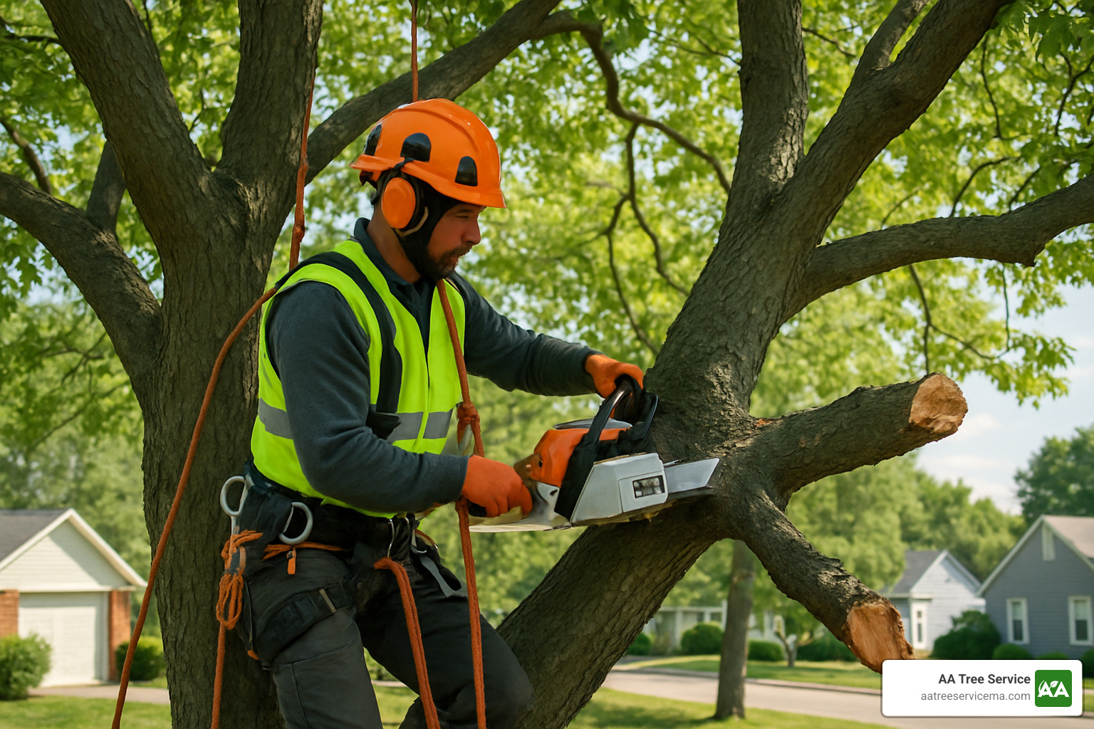 Professional arborist with safety equipment working on a damaged tree - broken trees