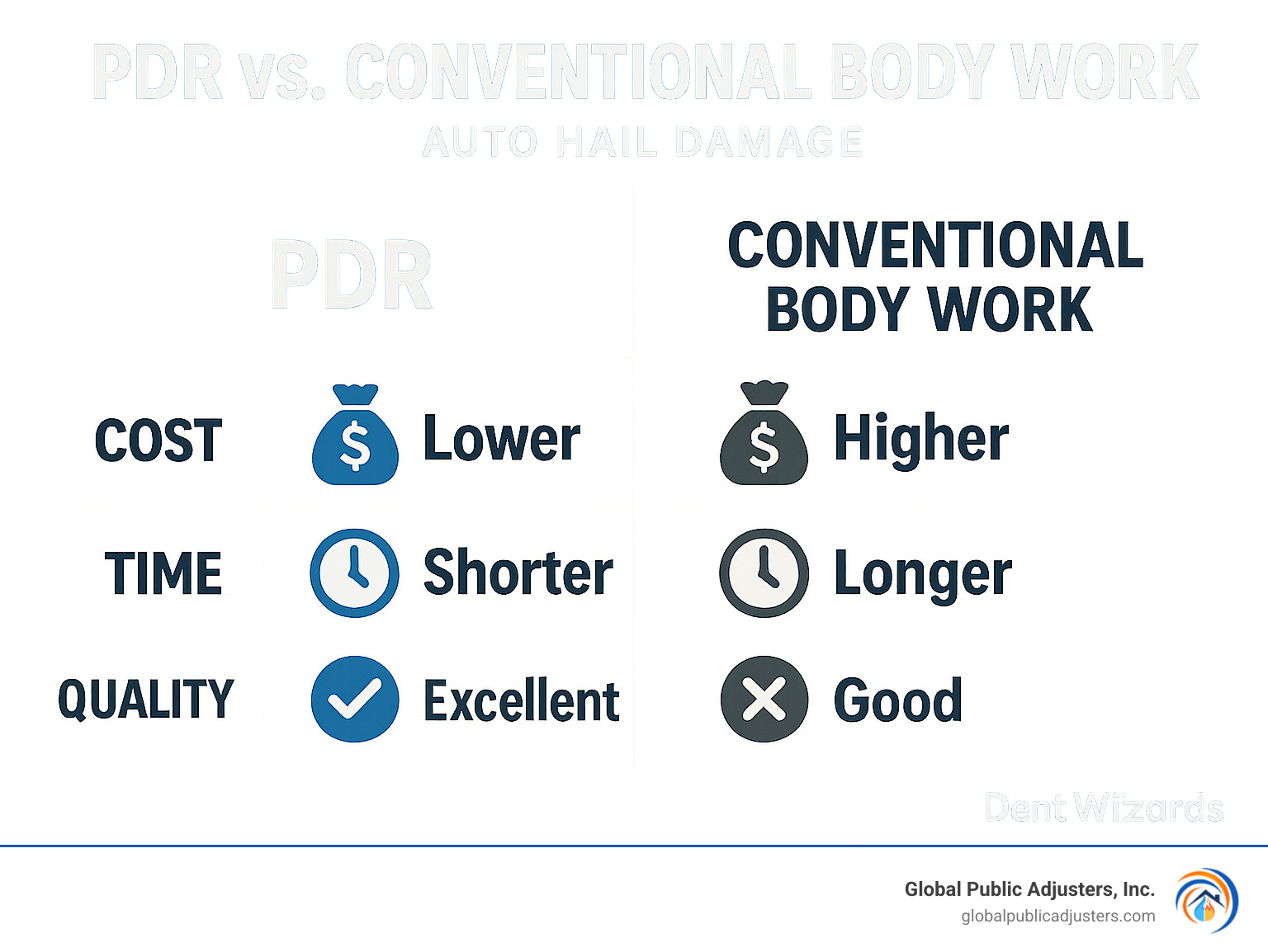 PDR vs conventional body work comparison showing costs, time, and quality differences - auto hail damage infographic 