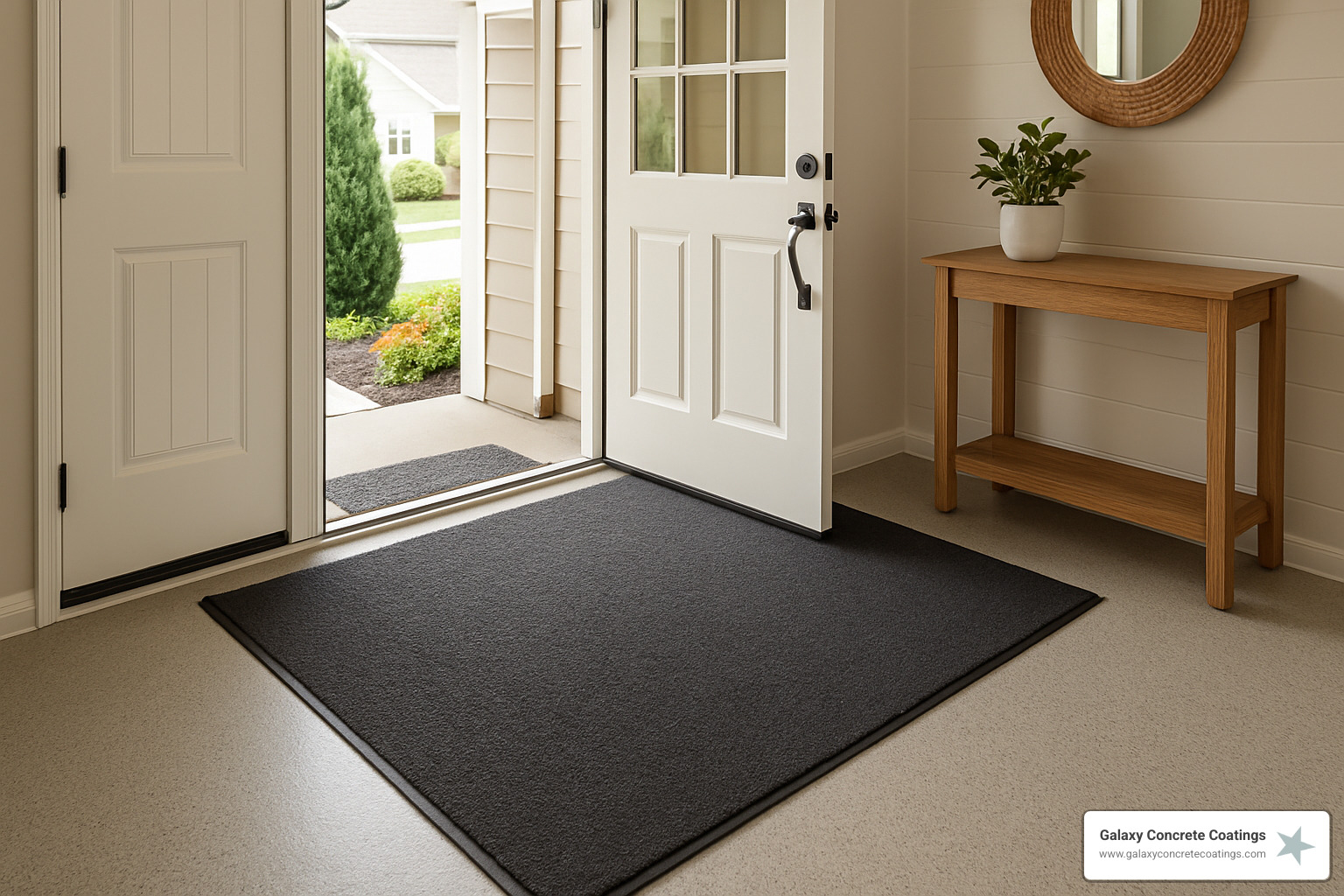 home entryway with protective mats on polyaspartic floor - High-traffic area flooring