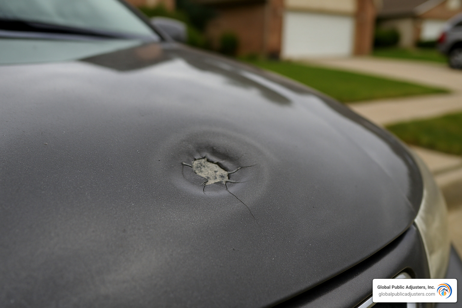 Close-up of dime-sized dent showing paint damage - auto hail damage