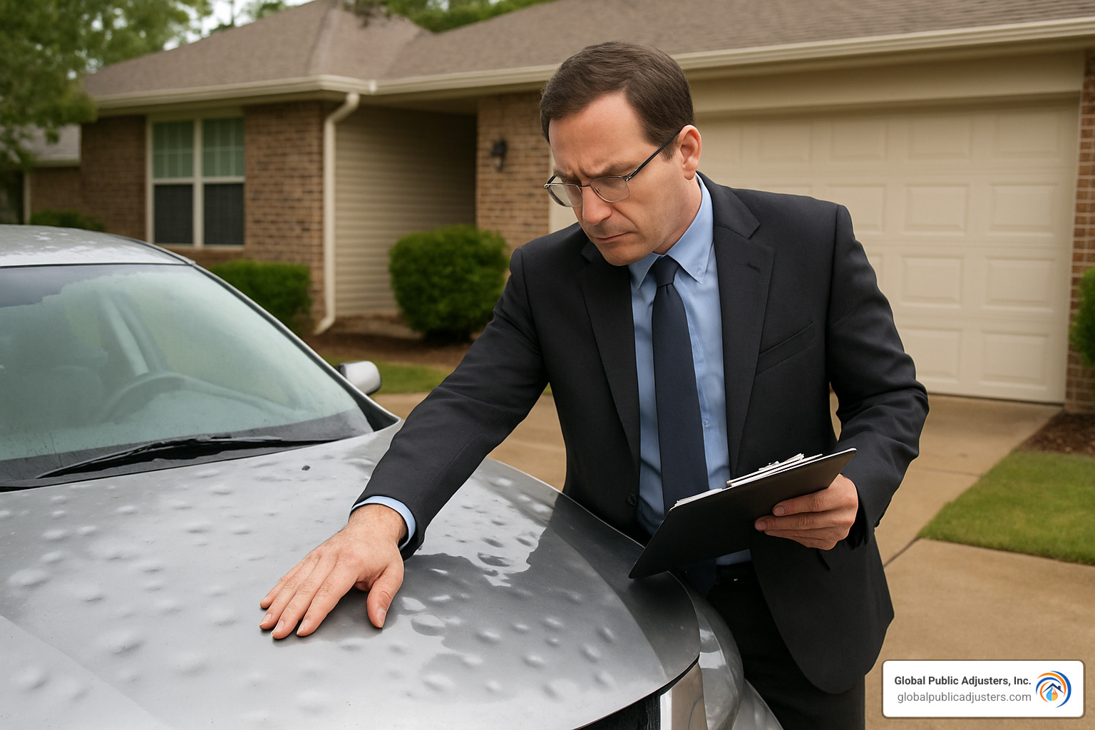 Insurance adjuster inspecting car for hail damage - auto hail damage