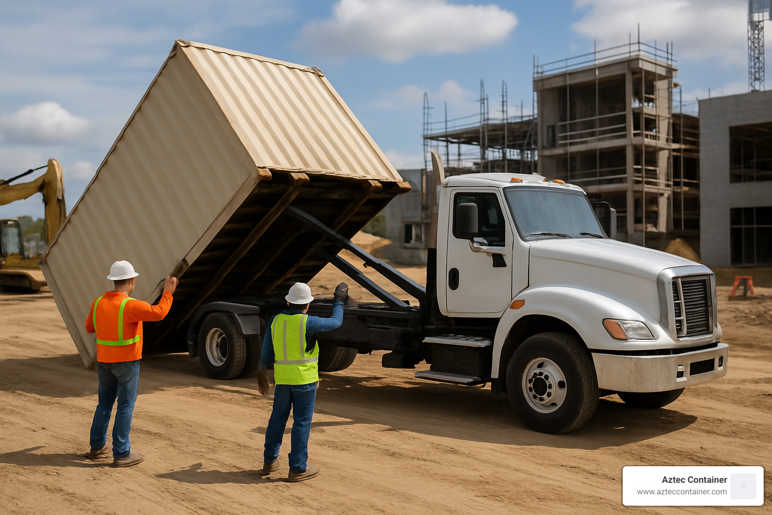 tilt-bed truck delivering container - construction storage containers for sale