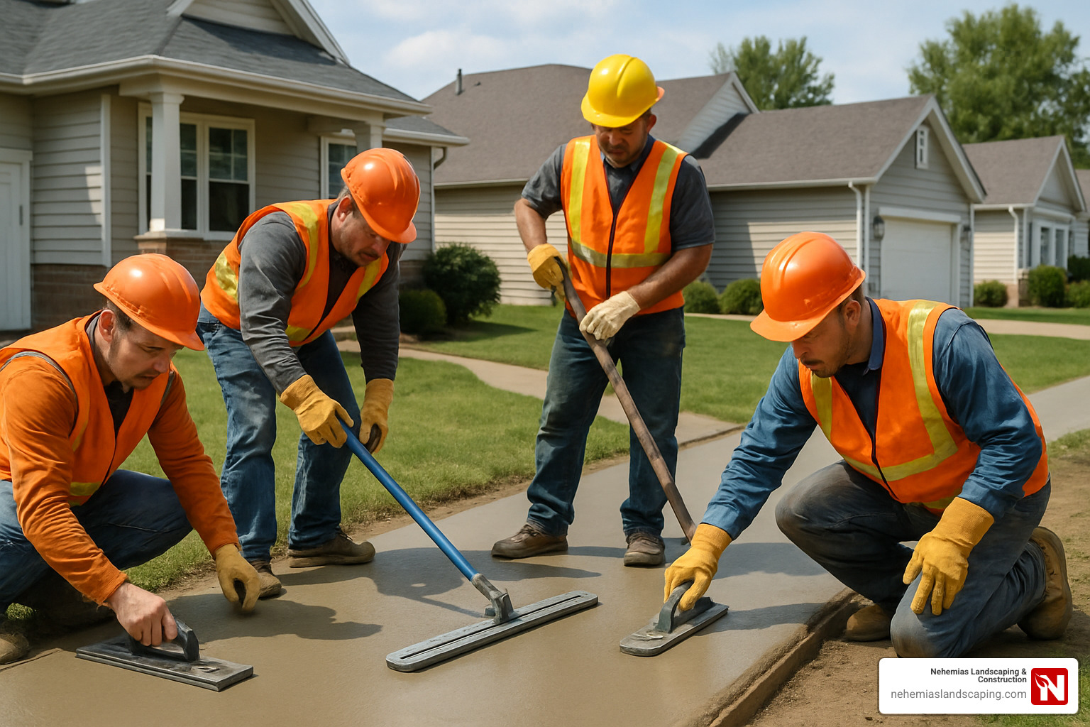 Four professional contractors in safety gear working on a concrete walkway installation, demonstrating careful formwork and finishing techniques, with a residential home in the background.