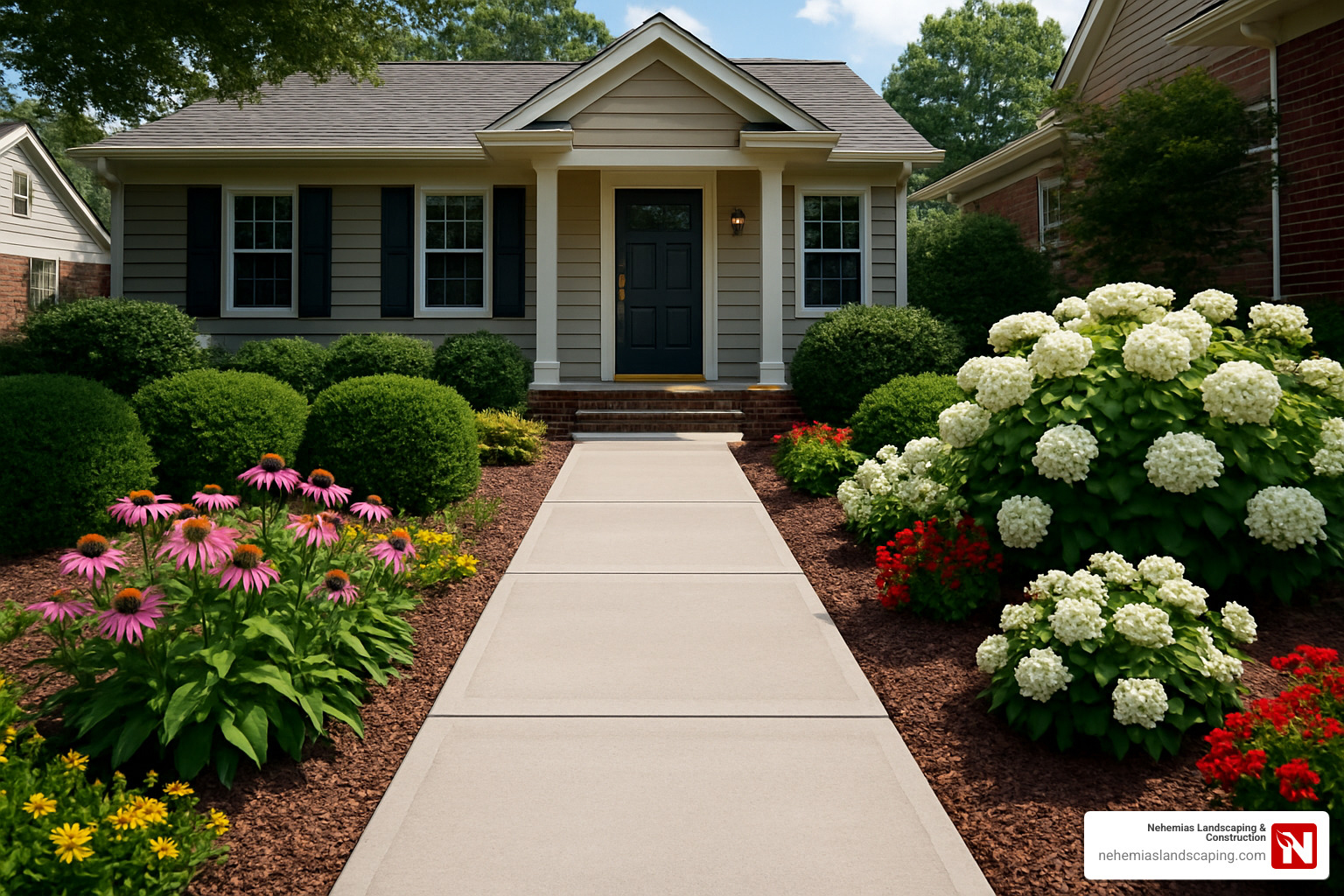 Concrete walkway leading to a stylish home entrance, surrounded by lush green bushes and vibrant flower beds featuring pink coneflowers, white hydrangeas, and red blooms, showcasing Nehemias Landscaping & Construction's expertise in enhancing curb appeal.