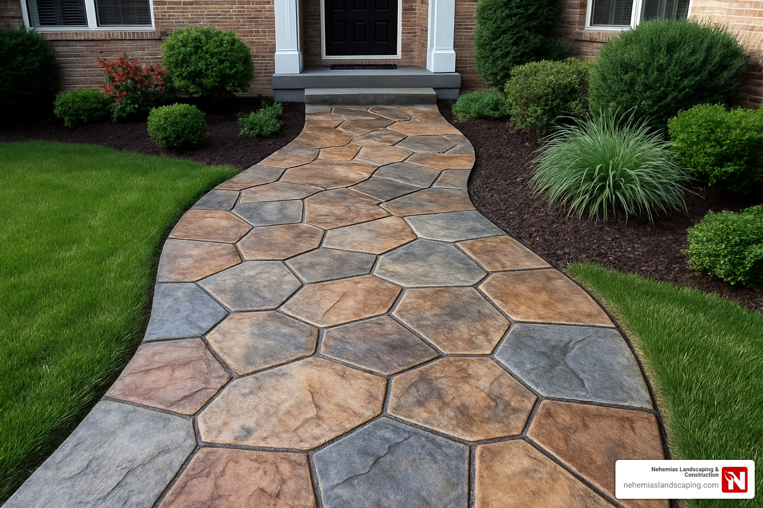 Decorative concrete walkway with hexagonal pattern in earthy tones, surrounded by lush green grass and landscaped shrubs, representing modern design trends for outdoor surfaces.
